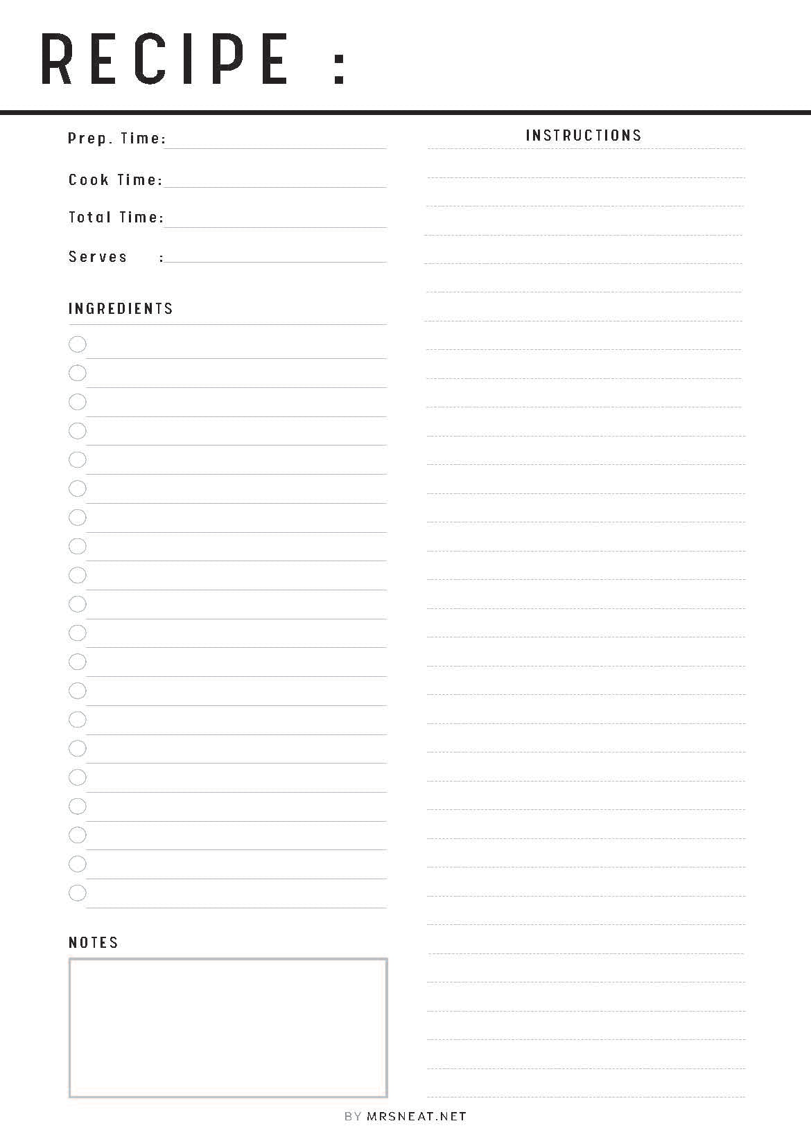 Blank recipe card with fields for prep time, cook time, total time, servings, ingredients, instructions, and notes.