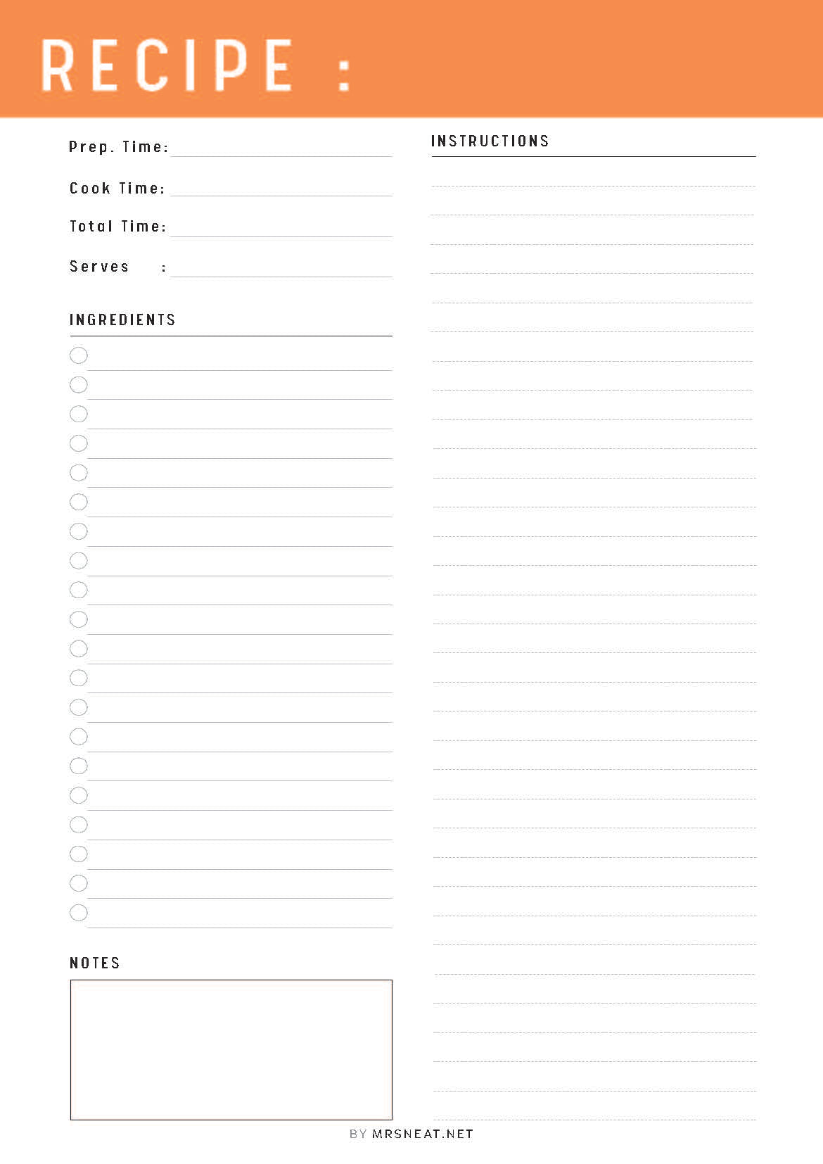 Blank recipe card with orange border and white background
