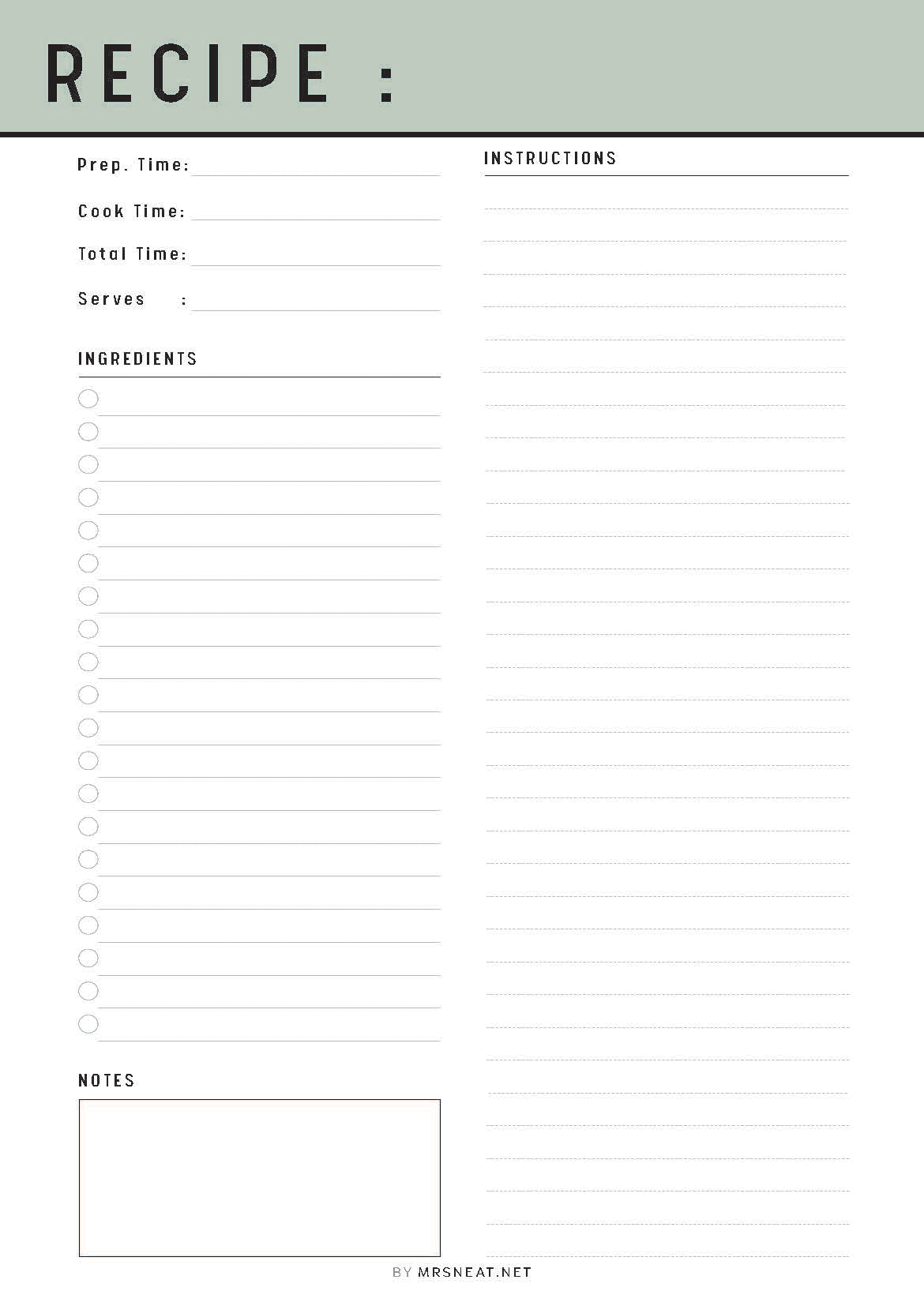 Blank recipe card with green header and white background
