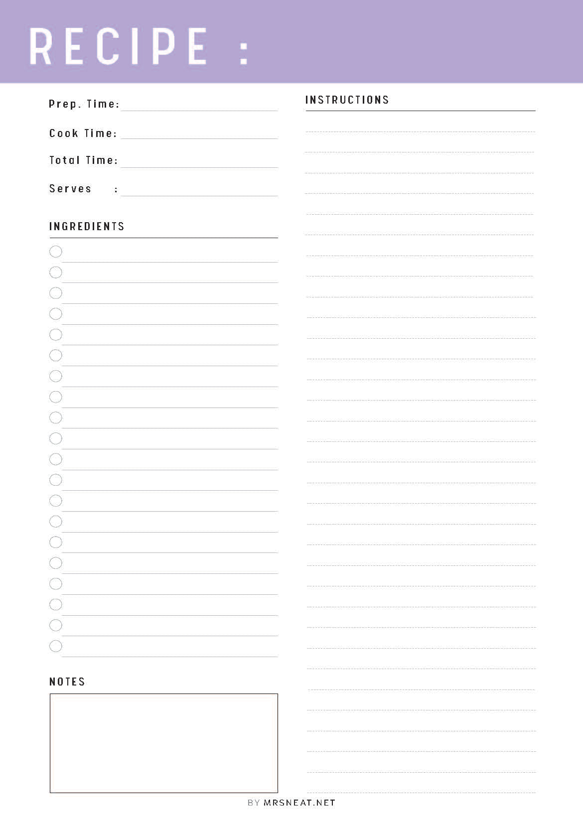 Simple Recipe Page Template, Recipe Printable, Fillable Recipe Journal, Recipe Card, Recipe pages, Cooking PDF, A4, Letter, 10 colors