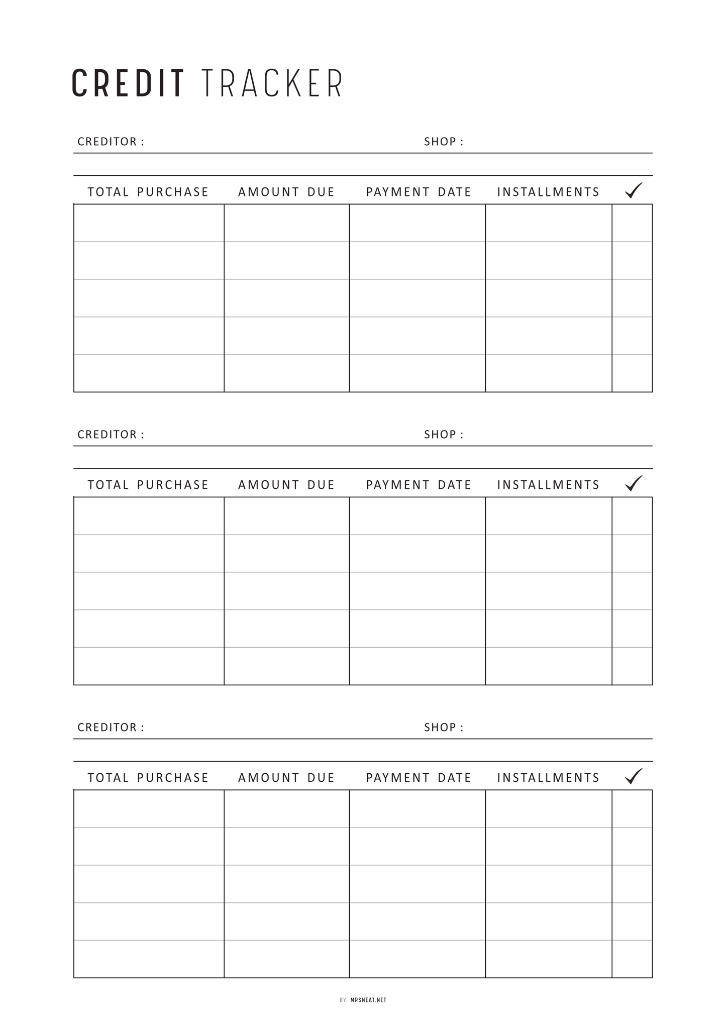 Credit tracker sheet with columns for creditor, shop, total purchase, amount due, payment date, and installments.