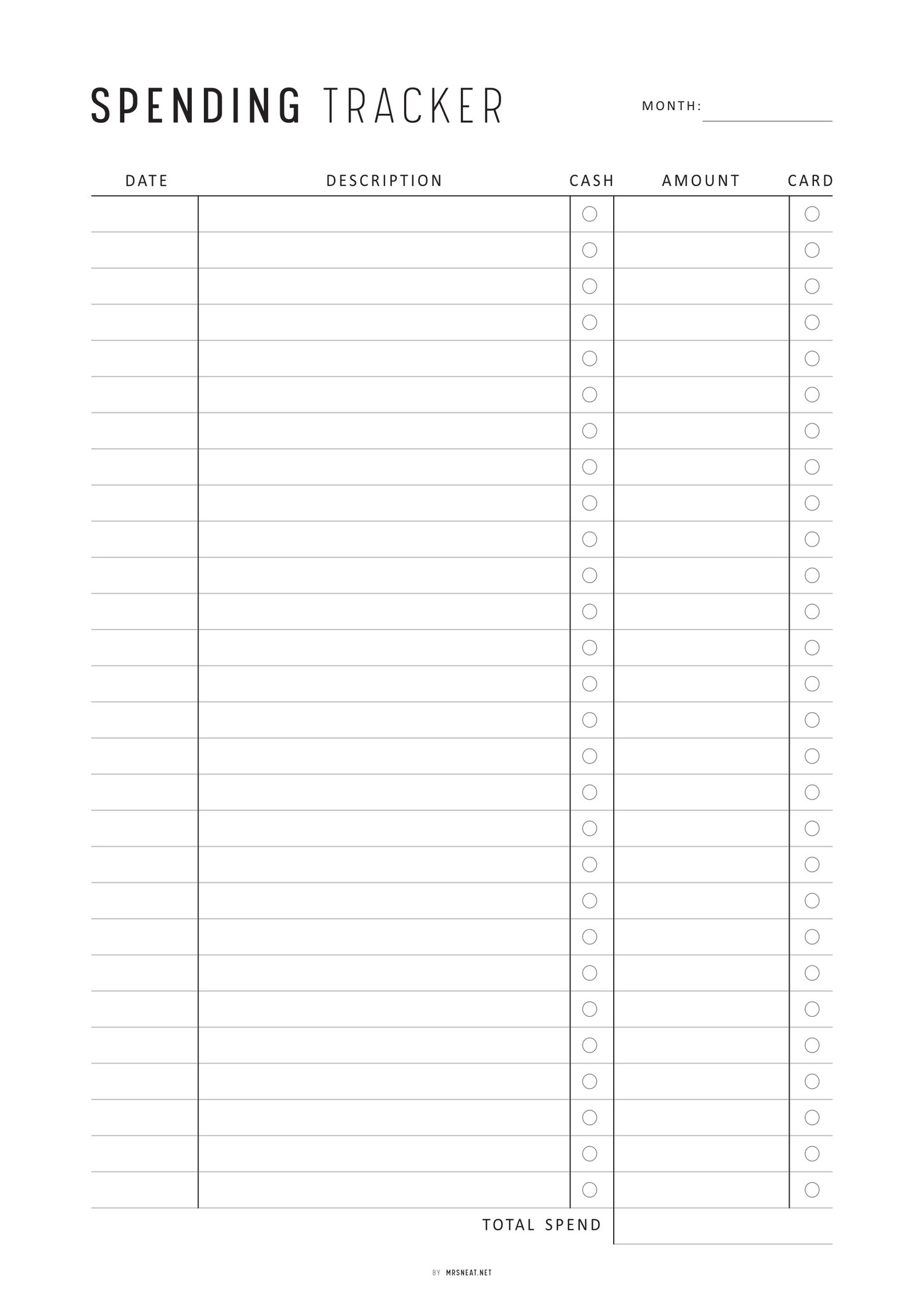 Spending tracker sheet with columns for date, description, cash, amount, and card.