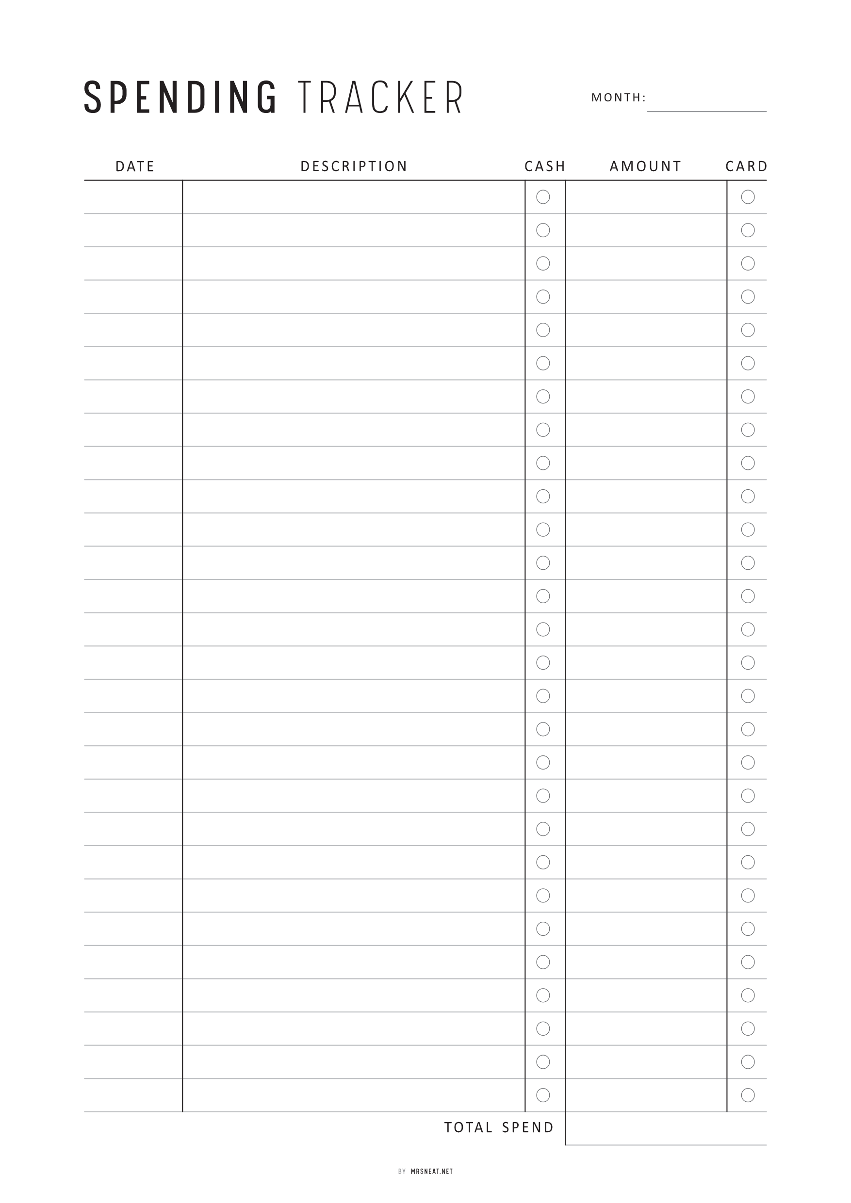 Spending tracker sheet with columns for date, description, cash, amount, and card.