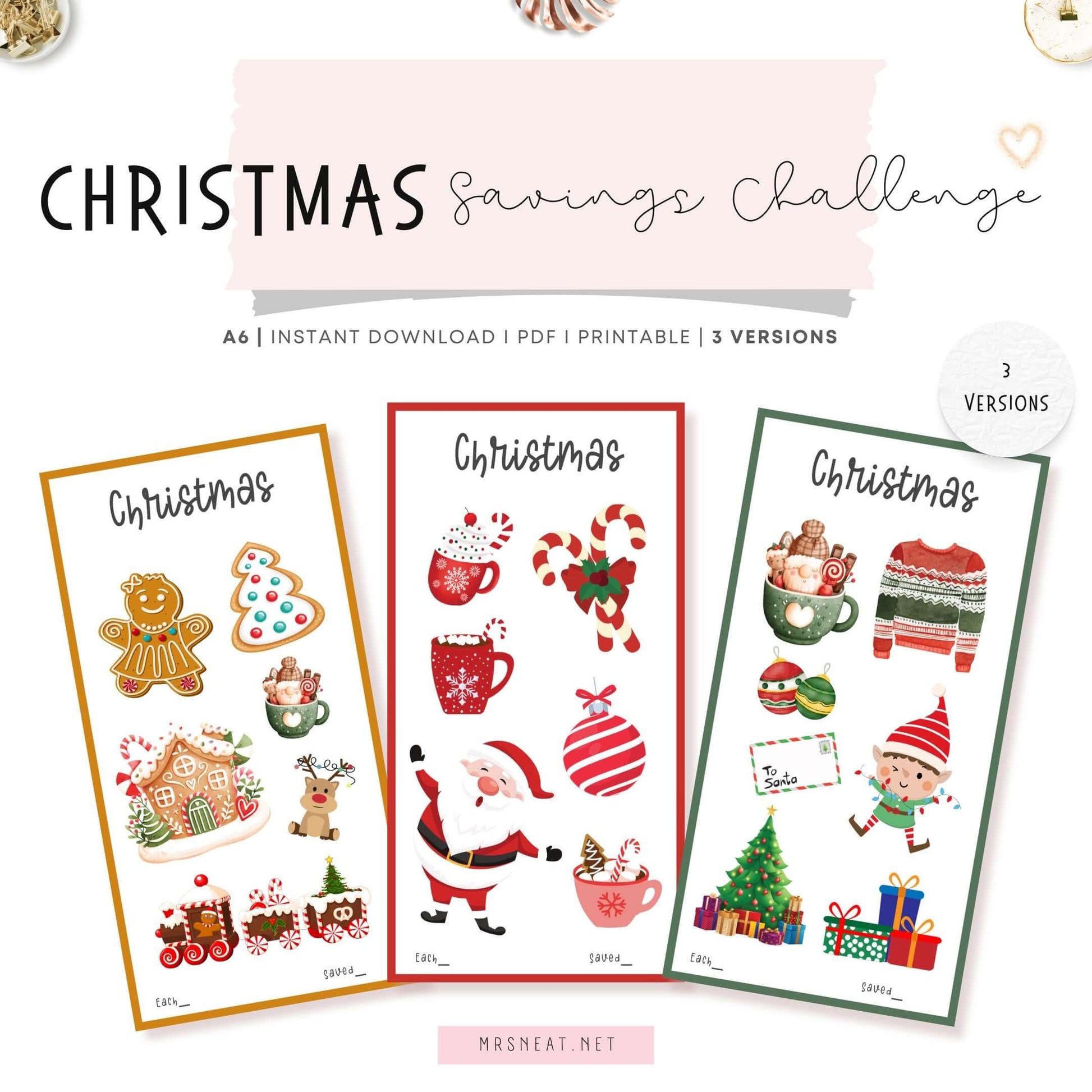 Beautiful and Cute Christmas Savings Challenge Printable, A6, PDF, 3 Versions, Red, Green, Gold, Instant Download