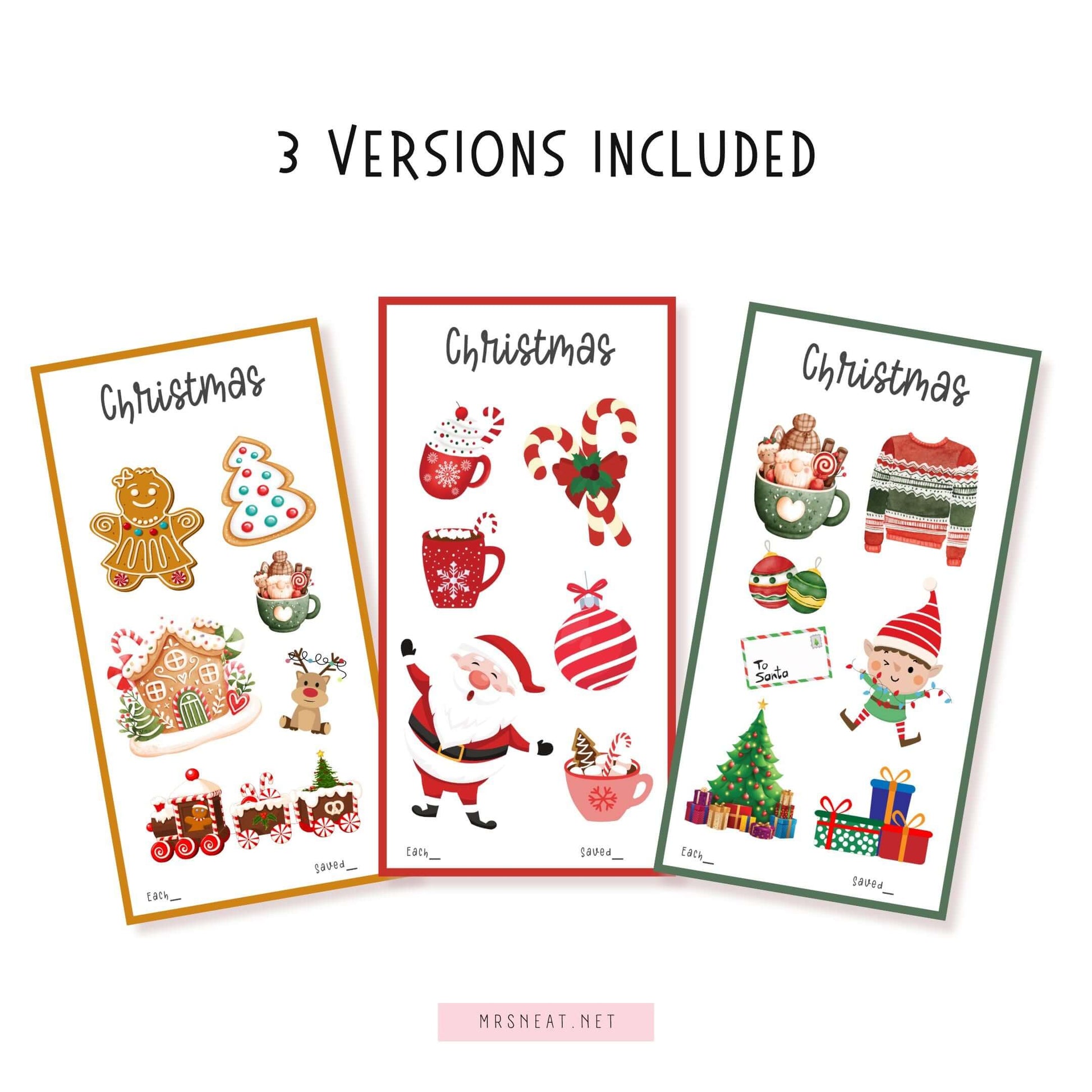 Beautiful and Cute Christmas Savings Challenge Printable, A6, PDF, 3 Versions, Red, Green, Gold, Instant Download