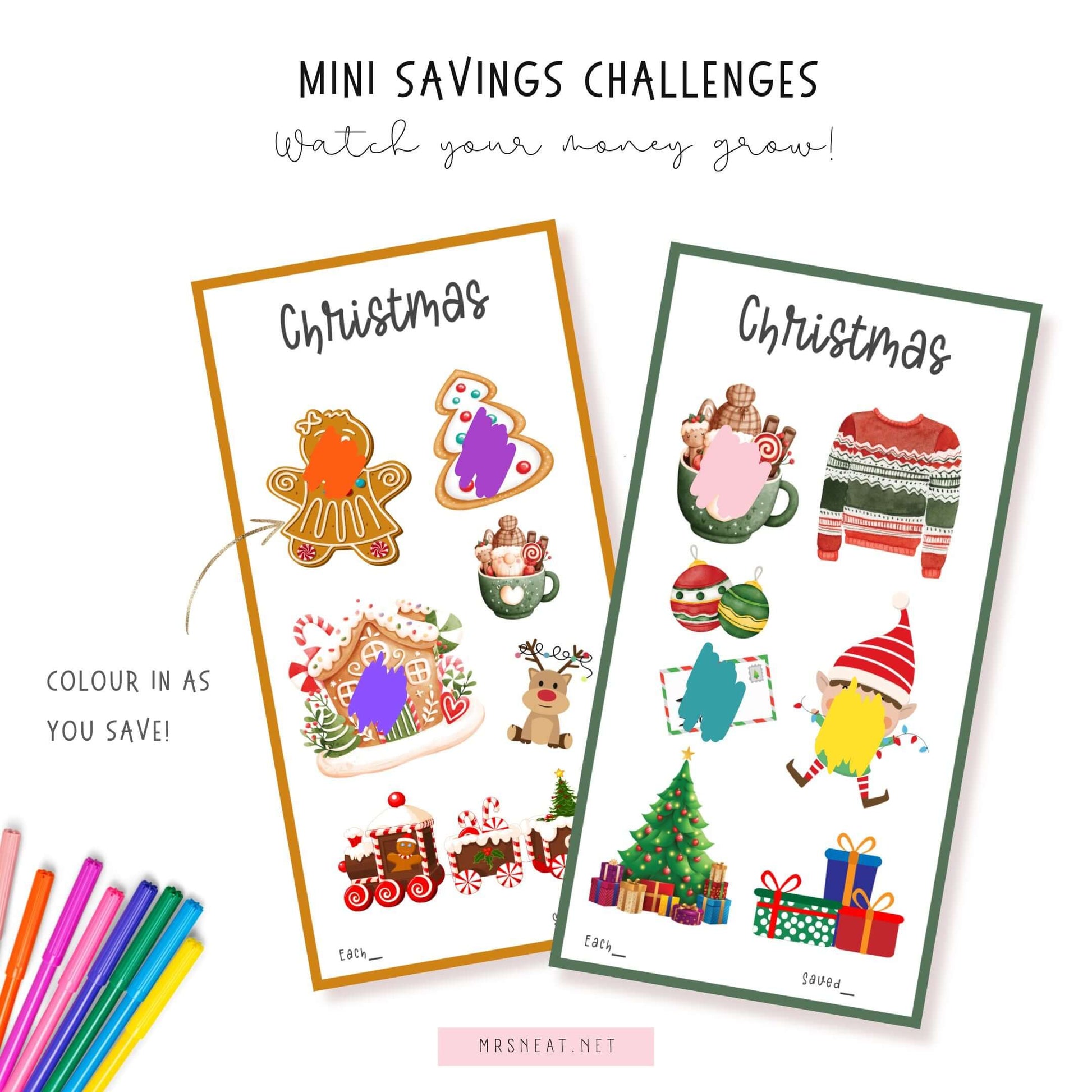 Beautiful and Cute Christmas Savings Challenge Printable, A6, PDF, 3 Versions, Red, Green, Gold, Instant Download