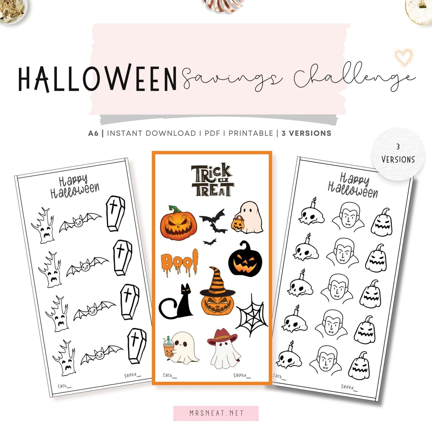 Halloween Savings Challenge PDF, A6, Colorful, 3 versions, Mini Savings, Low Income Savings Challenge