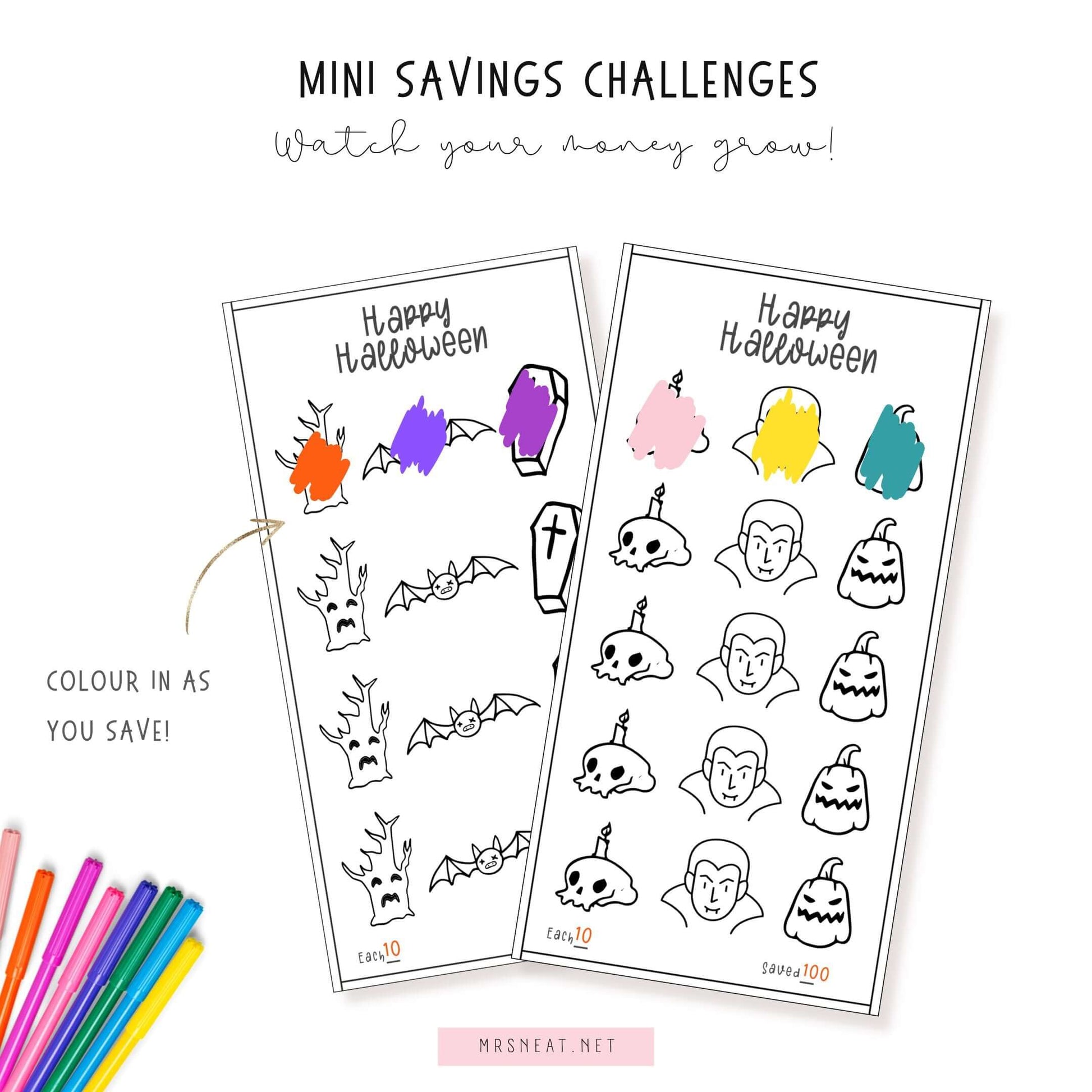 Halloween Savings Challenge PDF, A6, Colorful, 3 versions, Mini Savings, Low Income Savings Challenge