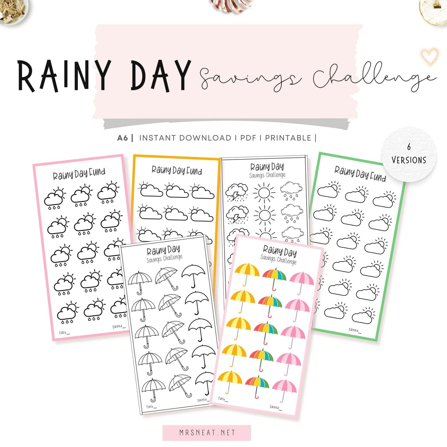 Rainy Day Savings Challenge Printable, A6, PDF, 6 Versions, Colorful, Instant Download