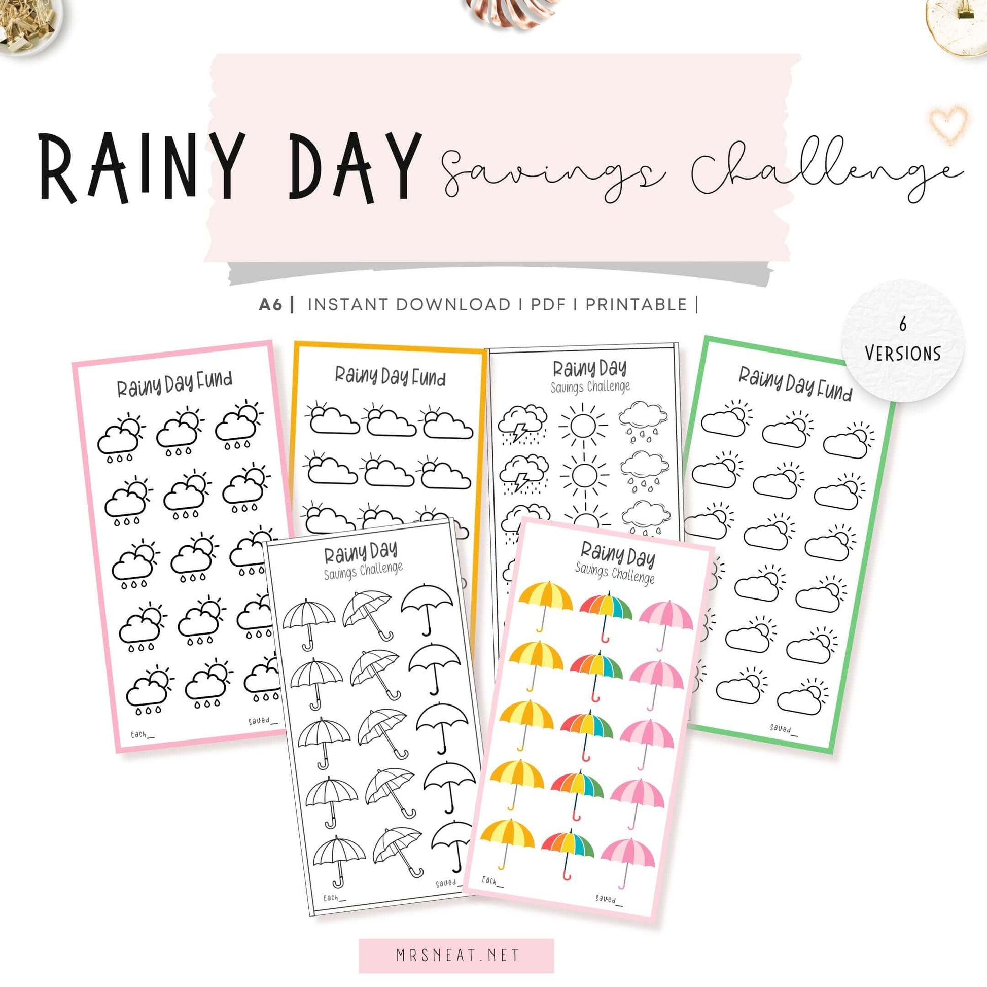 Rainy Day Savings Challenge Printable, A6, PDF, 6 Versions, Colorful, Instant Download