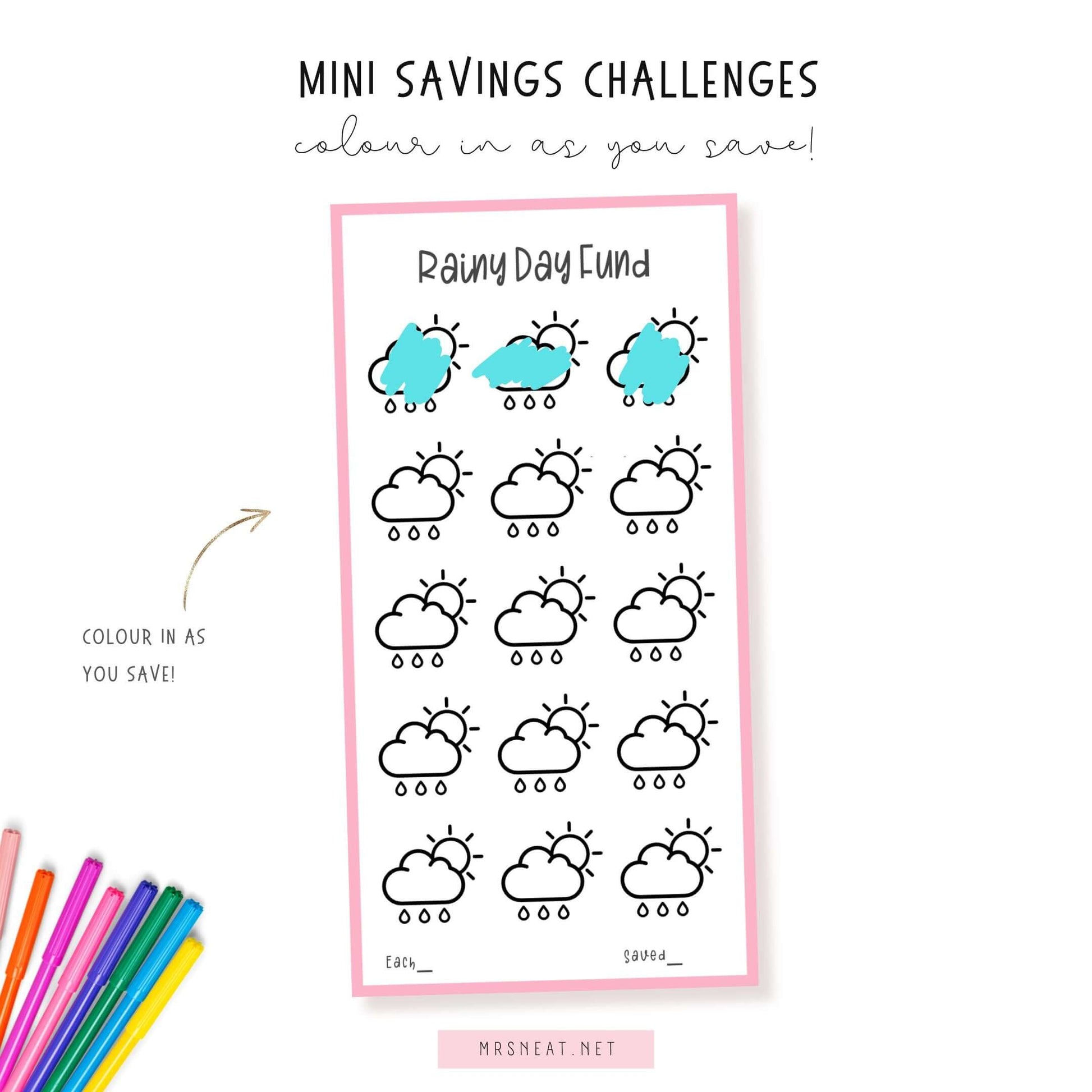 Rainy Day Savings Challenge Printable, A6, PDF, 6 Versions, Colorful, Instant Download