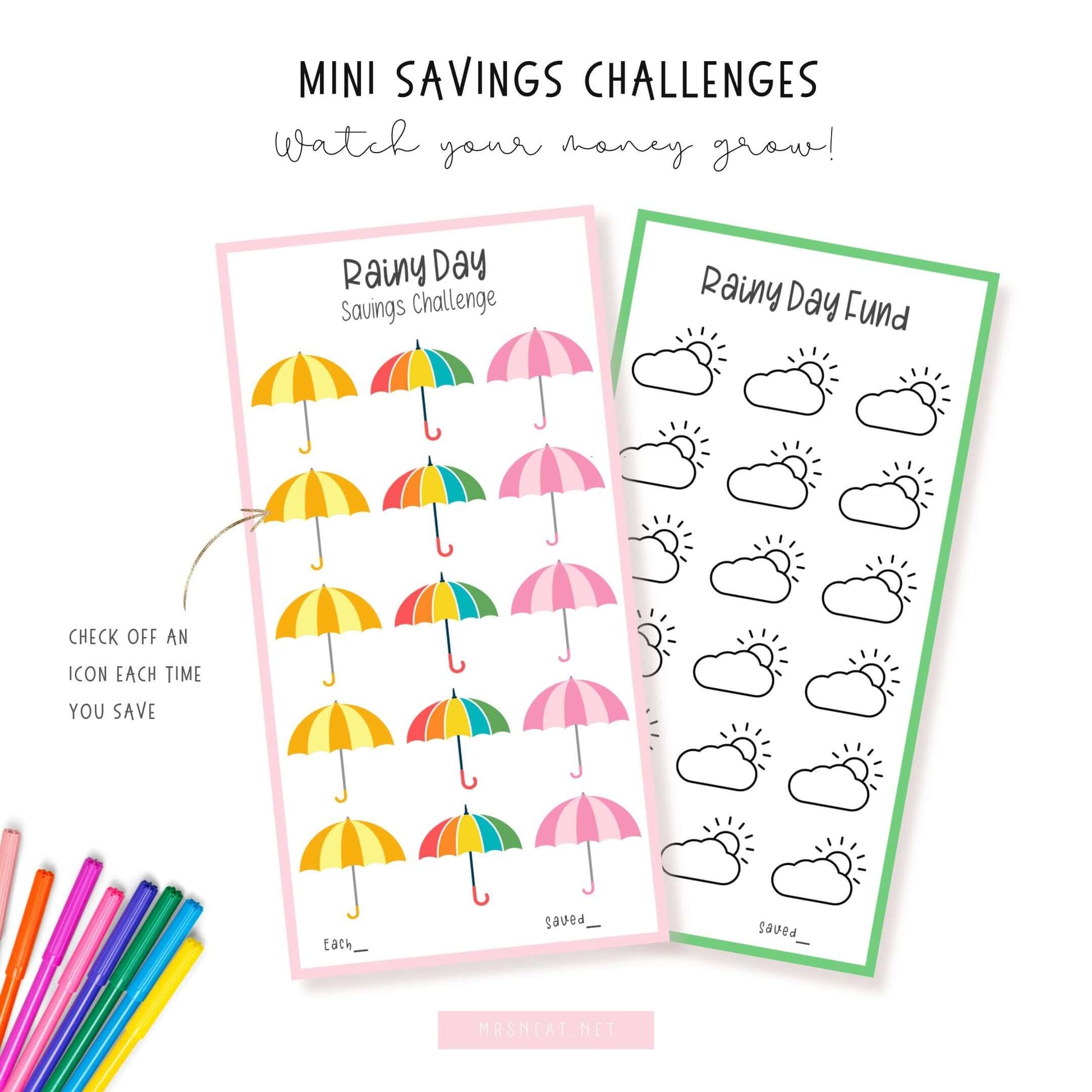 Rainy Day Savings Challenge Printable, A6, PDF, 6 Versions, Colorful, Instant Download