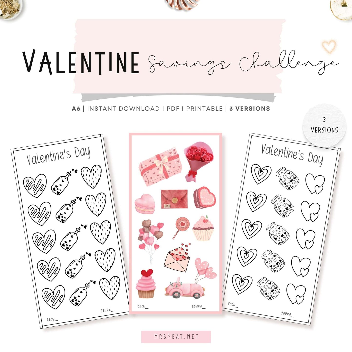 Beautiful A6 Valentine's day savings challenge printable, PDF, Pink, Instant Download