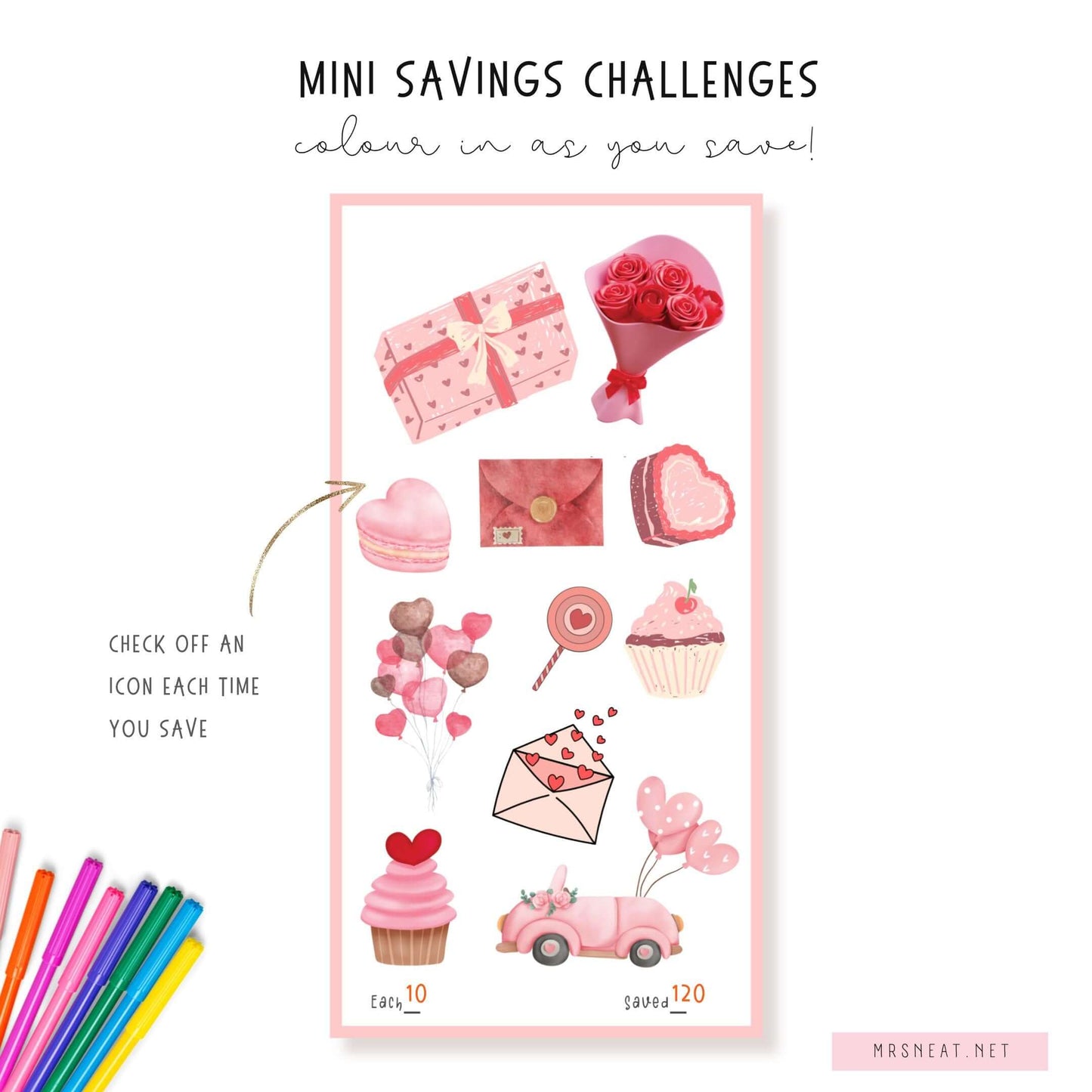 Beautiful A6 Valentine's day savings challenge printable, PDF, Pink, Instant Download, 3 versions