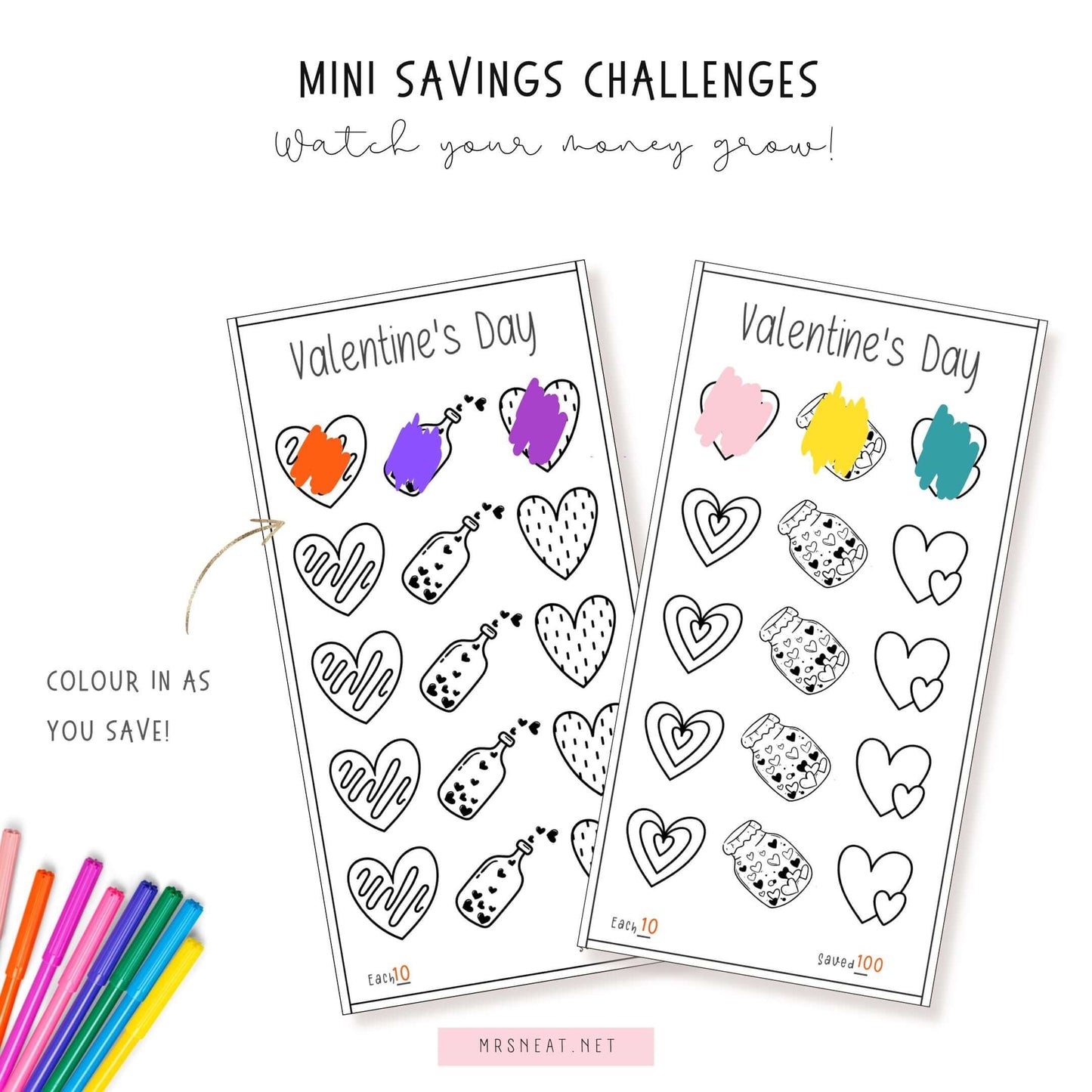 Beautiful A6 Valentine's day savings challenge printable, PDF, Pink, Instant Download, 3 versions