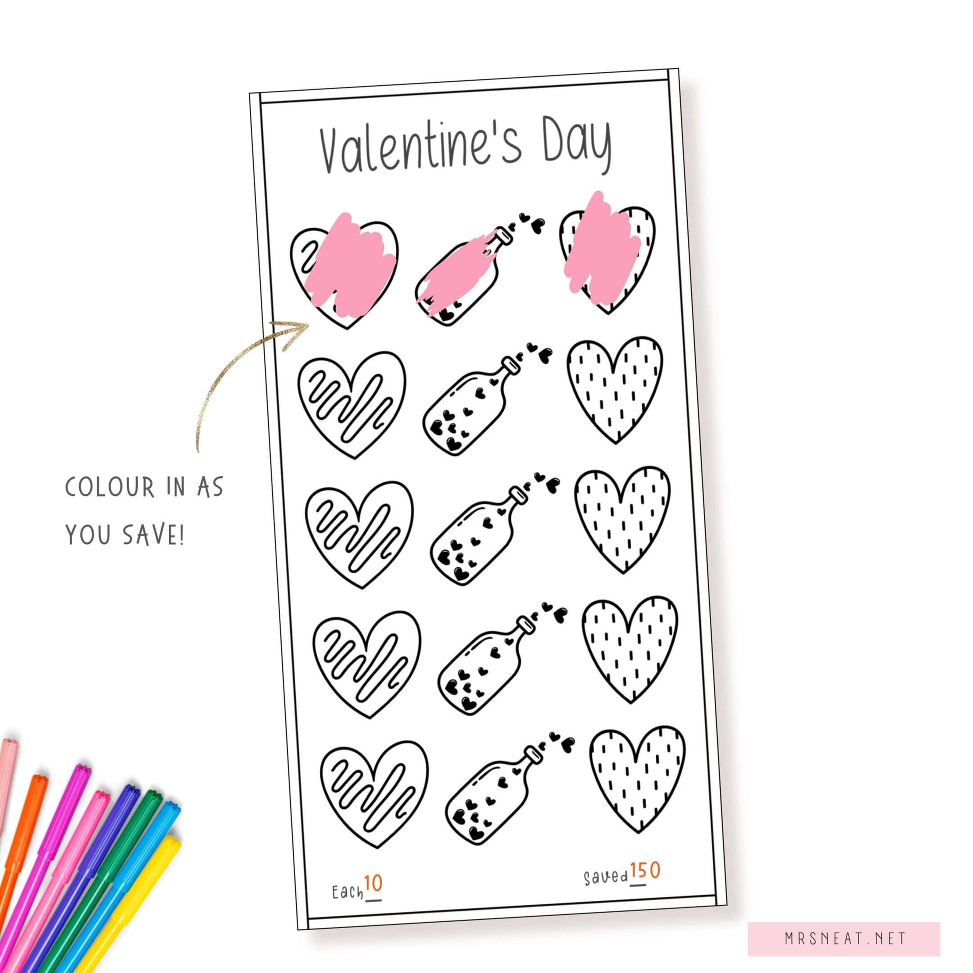 Beautiful A6 Valentine's day savings challenge printable, PDF, Pink, Instant Download, 3 versions