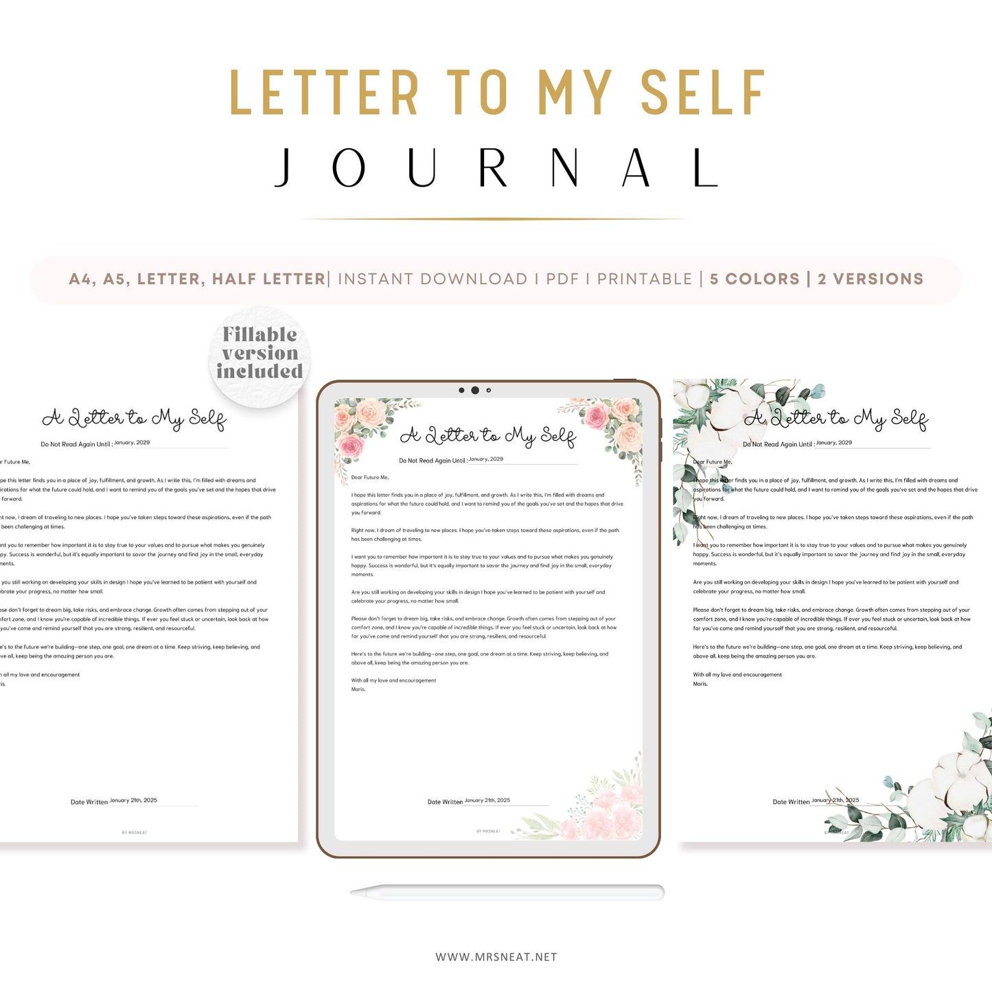 A Letter To Myself PRINTABLE Journal Page, Letter To Yourself, Printable Planner Page, Letter To Future Me, Open In One Year, Digital Planner, Fillable PDF, 5 Colors, 2 Versions, A4, A5, Letter, Half Letter