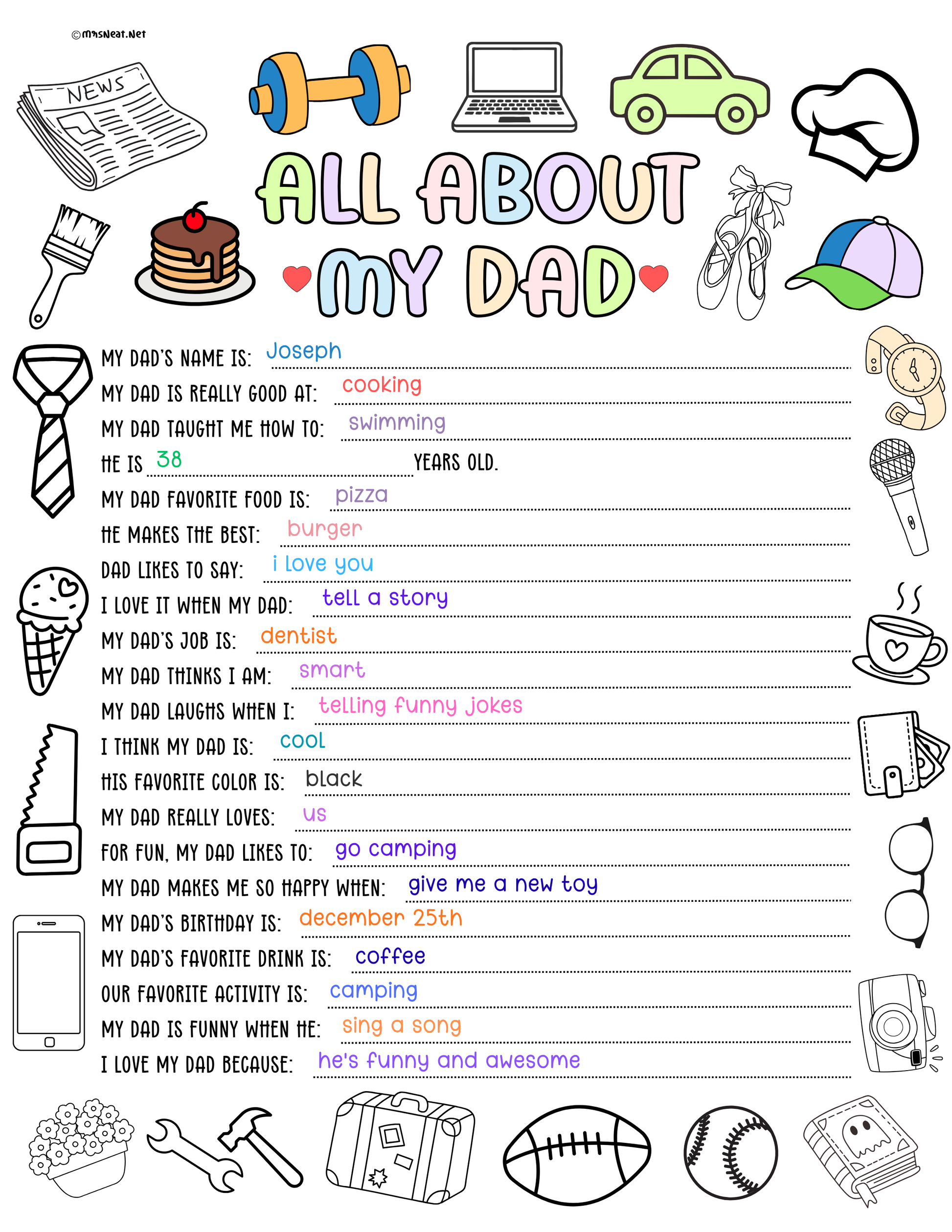 Beautiful and Cute Colorful questionnaire 'All About My Dad'