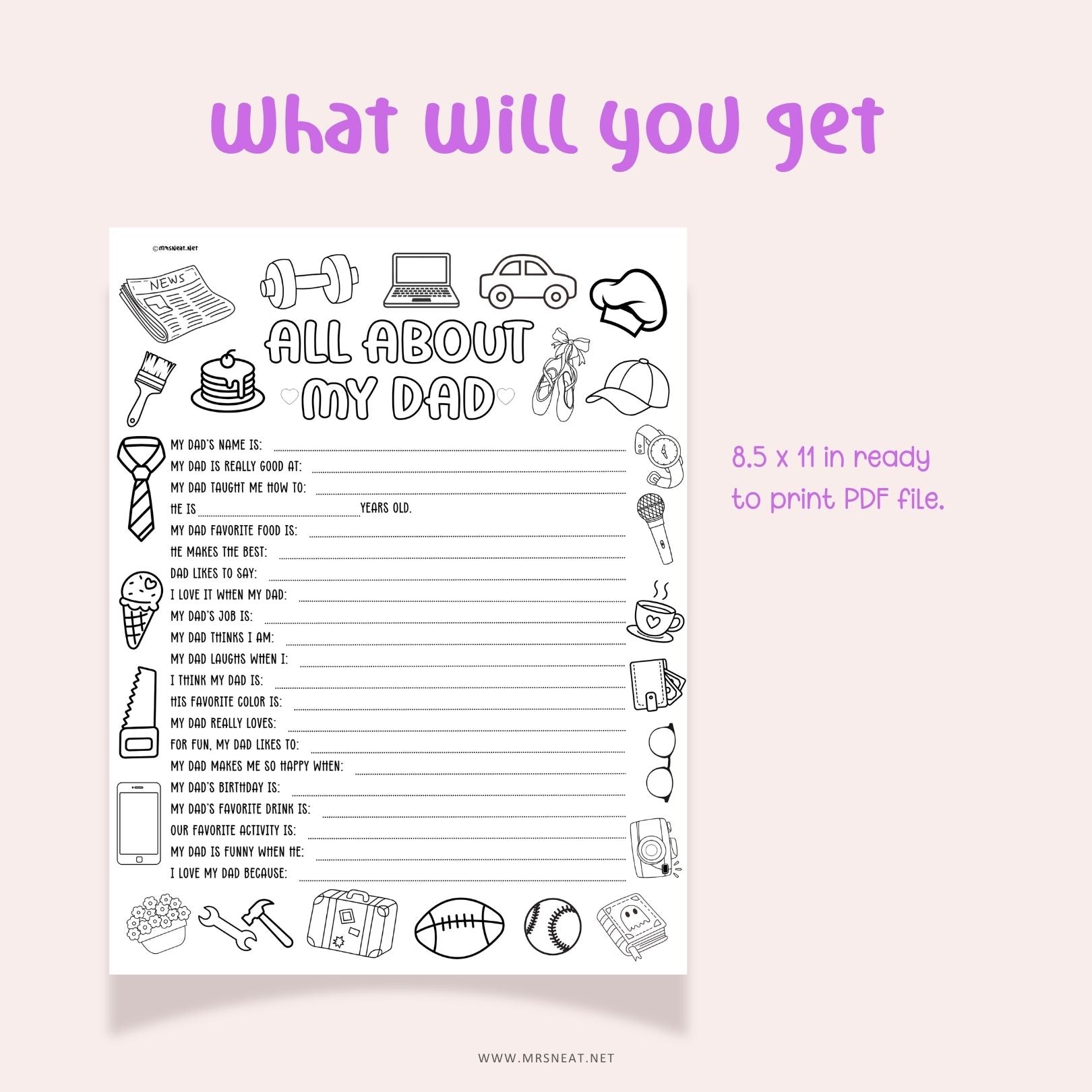 Printable questionnaire All About My Dad for Fathers Day Gift