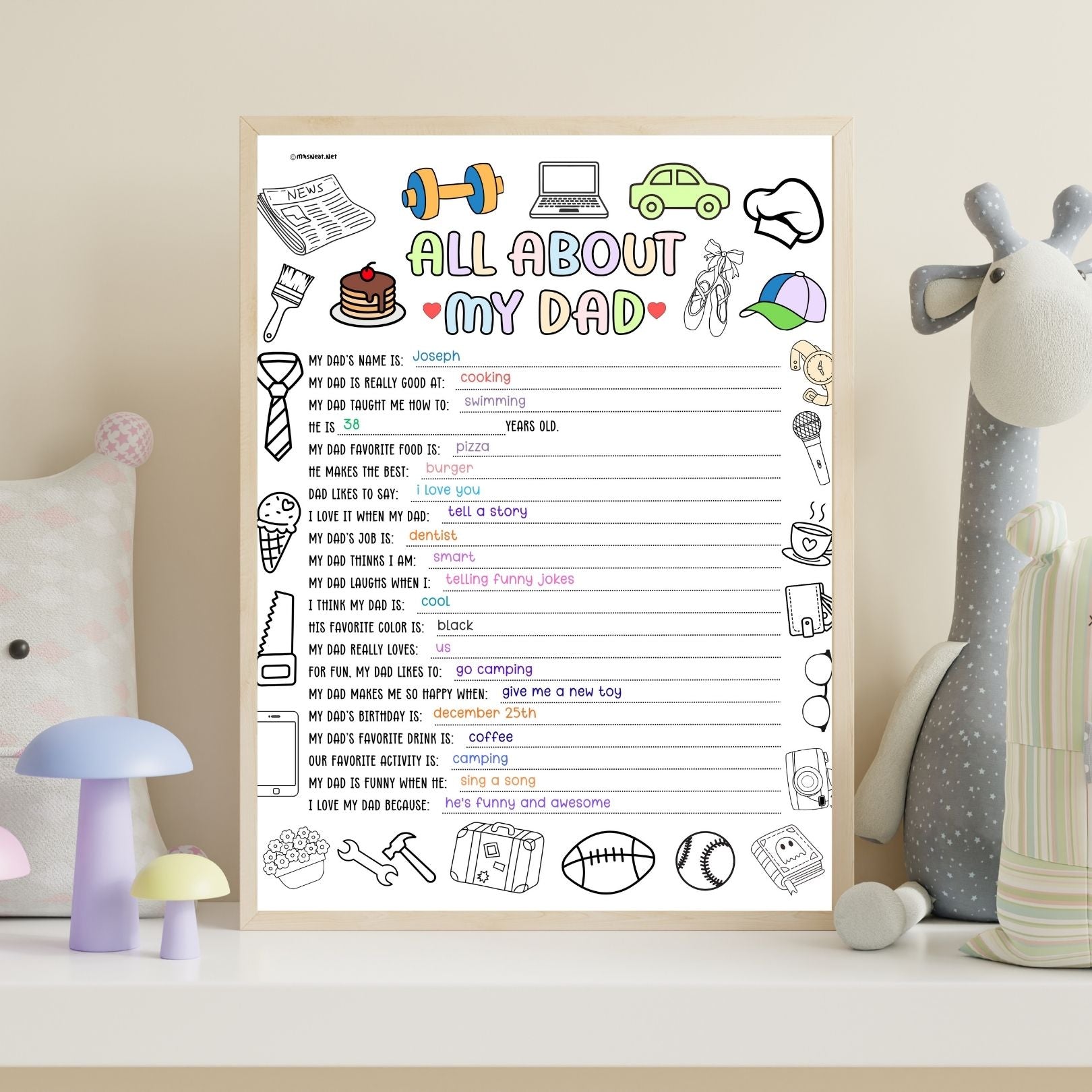 Children's questionnaire titled 'All About My Dad' on a wall with decorative items.