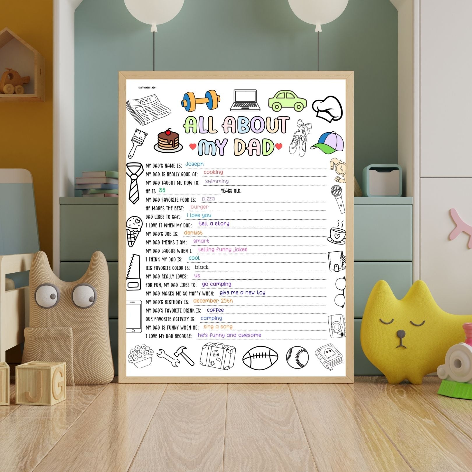 Questionnaire 'All About My Dad' in a child's room with toys and furniture for Fathers Day Gift