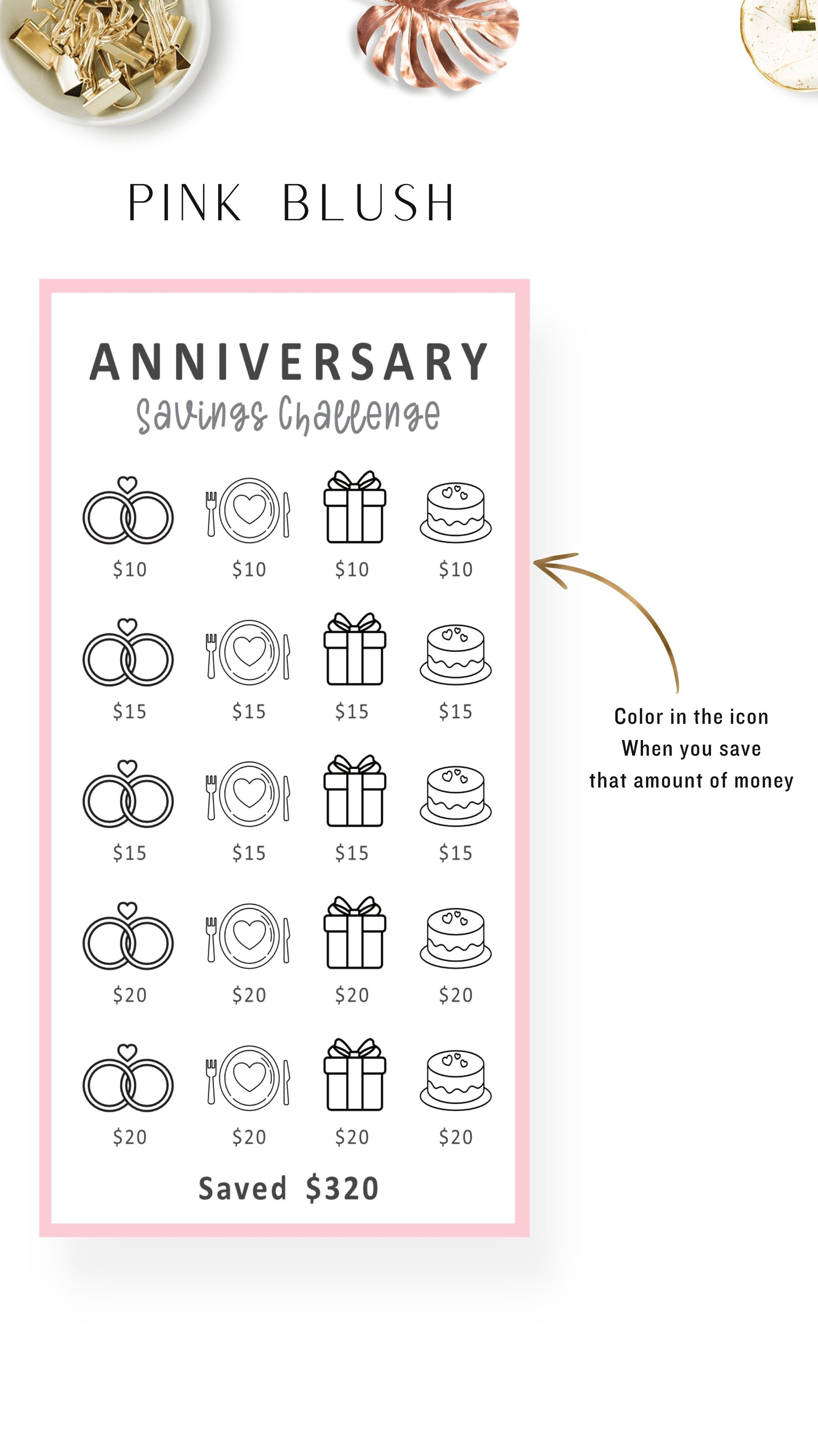 Pink Blush Anniversary Fund Savings Challenge Printable A6