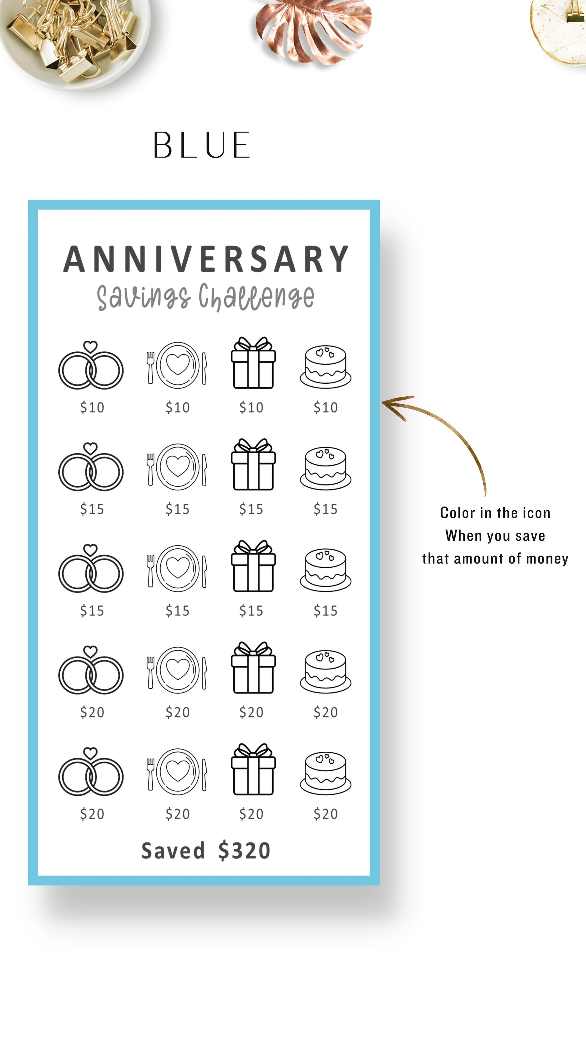 Blue Anniversary Fund A6 Mini Savings Challenge Printable