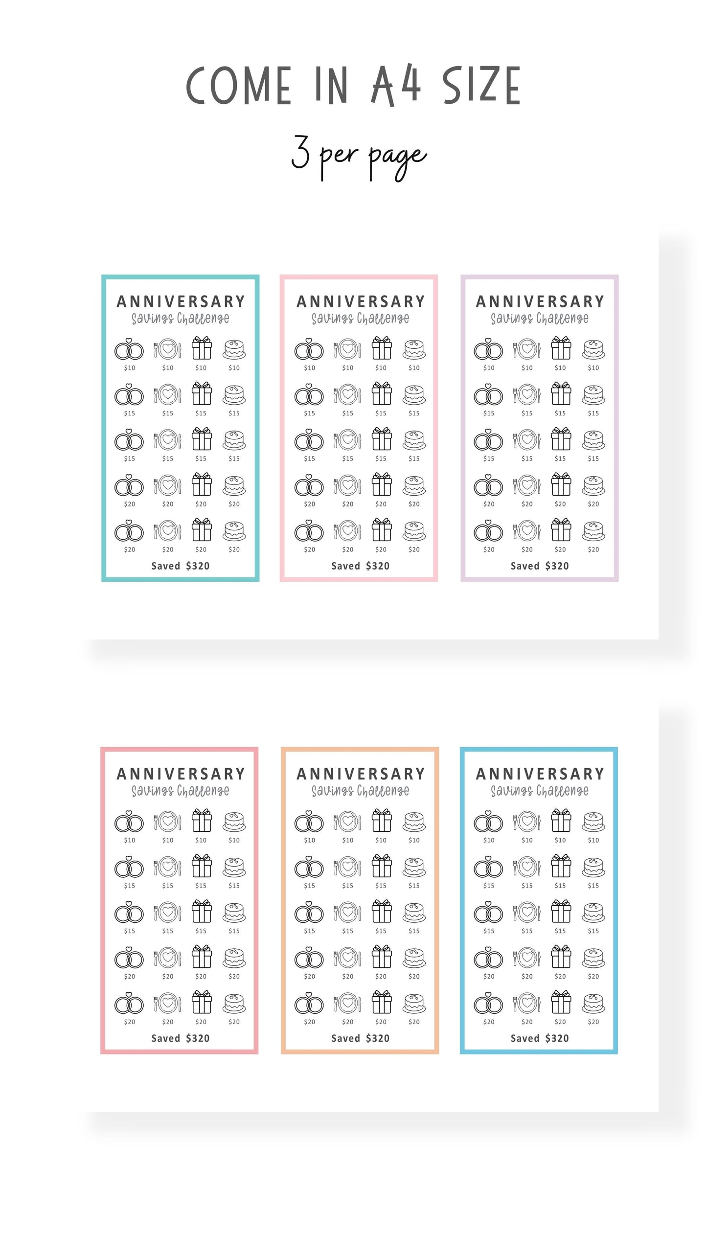 6 colors Anniversary Savings Challenge Printable A6