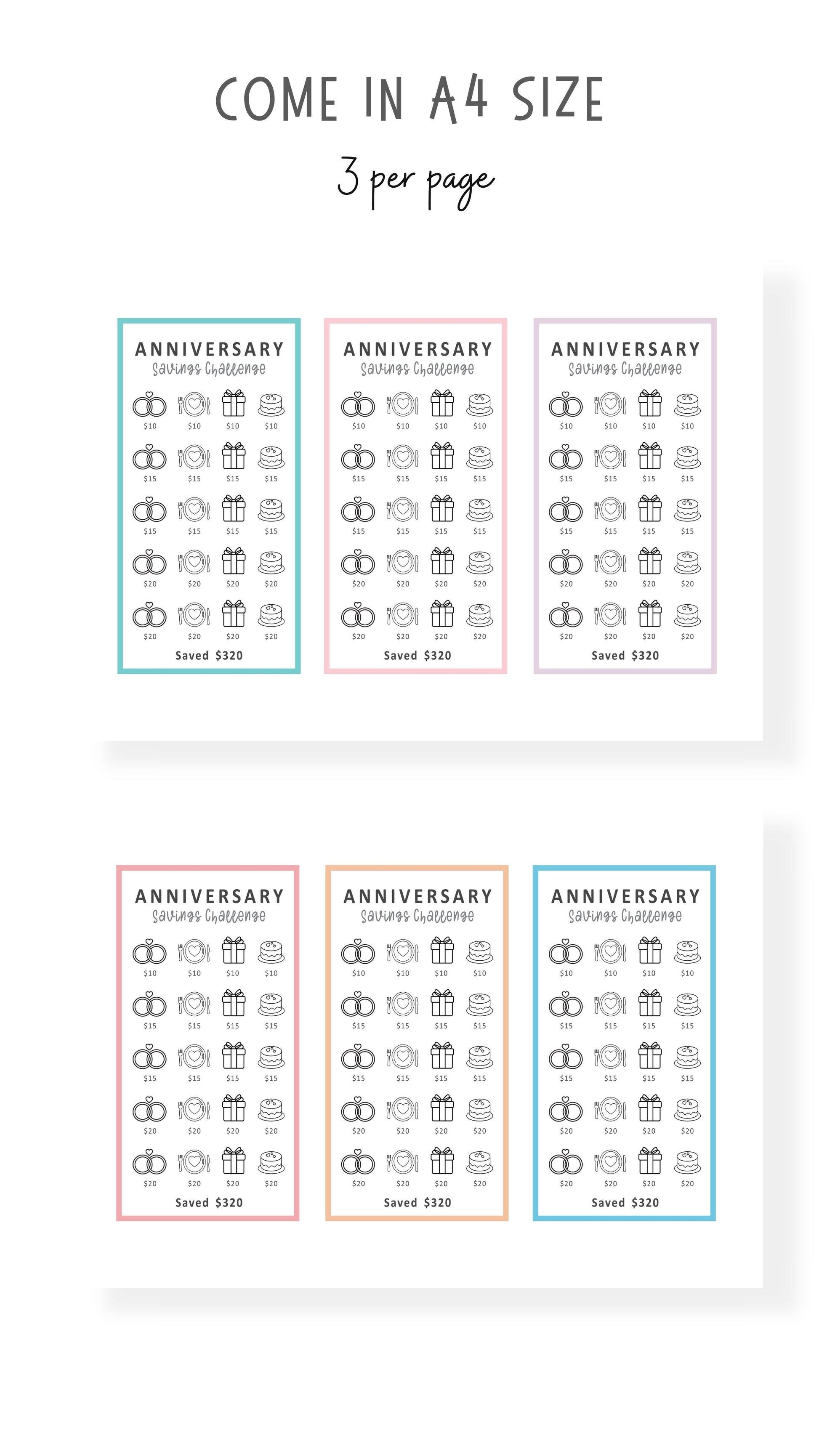 6 colors Anniversary Savings Challenge Printable A6