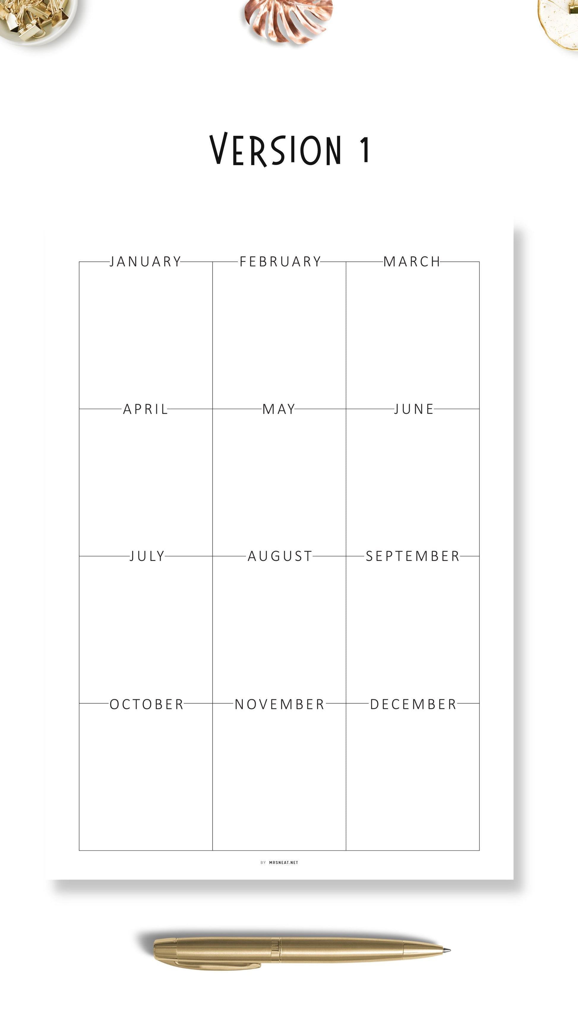 Any Year at a Glance Template Printable, Year at a Glance Planner, 2 versions, A4, A5, Letter, Half Letter\
