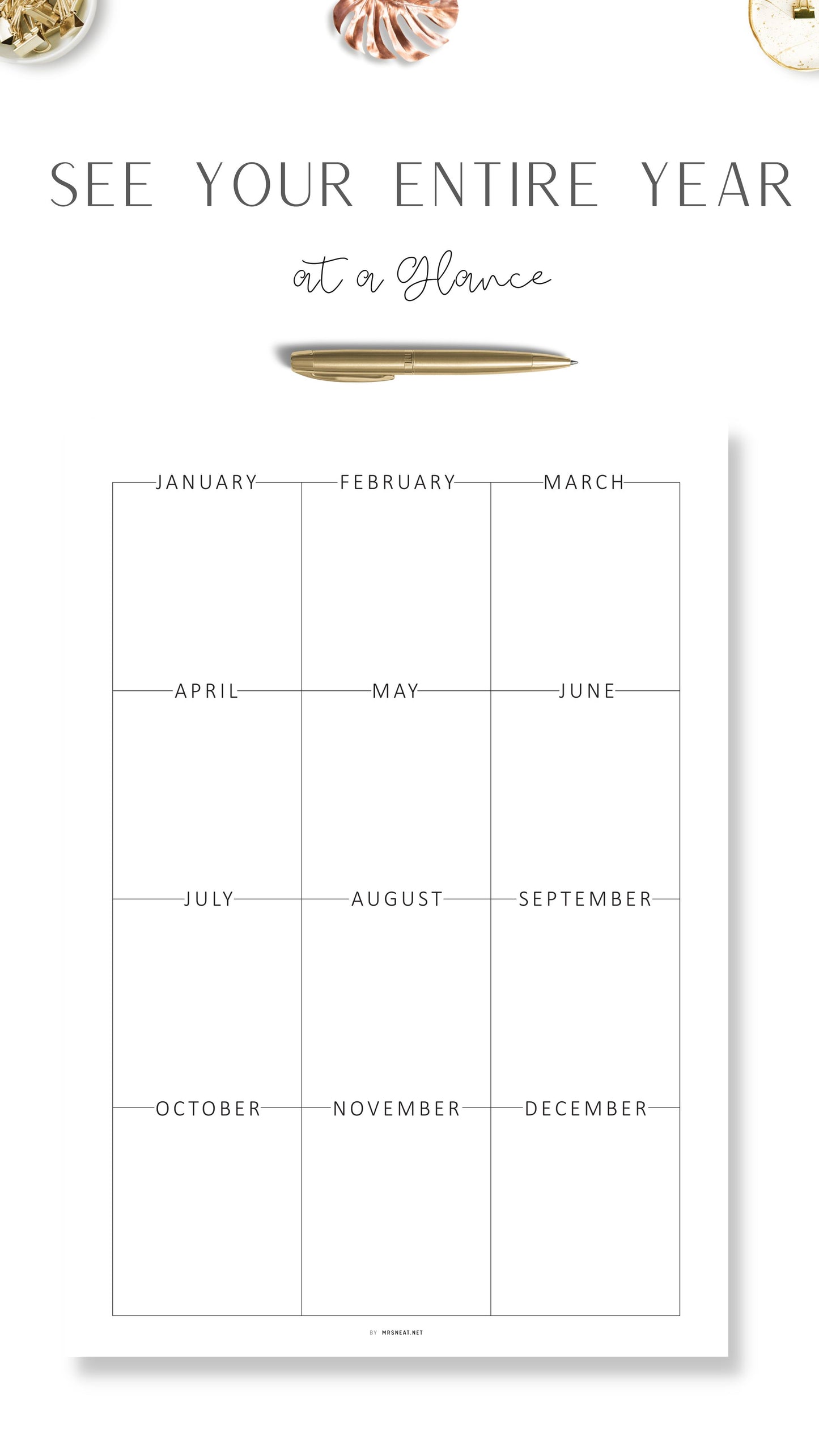 Any Year at a Glance Template Printable, Year at a Glance Planner, 2 versions, A4, A5, Letter, Half Letter
