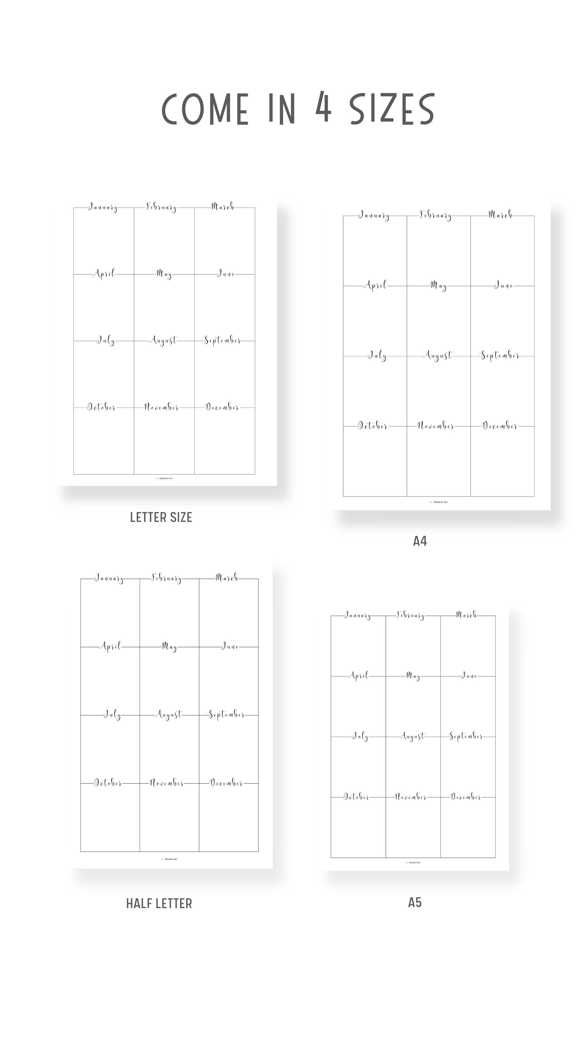 Any Year at a Glance Template Printable, Year at a Glance Planner, 2 versions, A4, A5, Letter, Half Letter