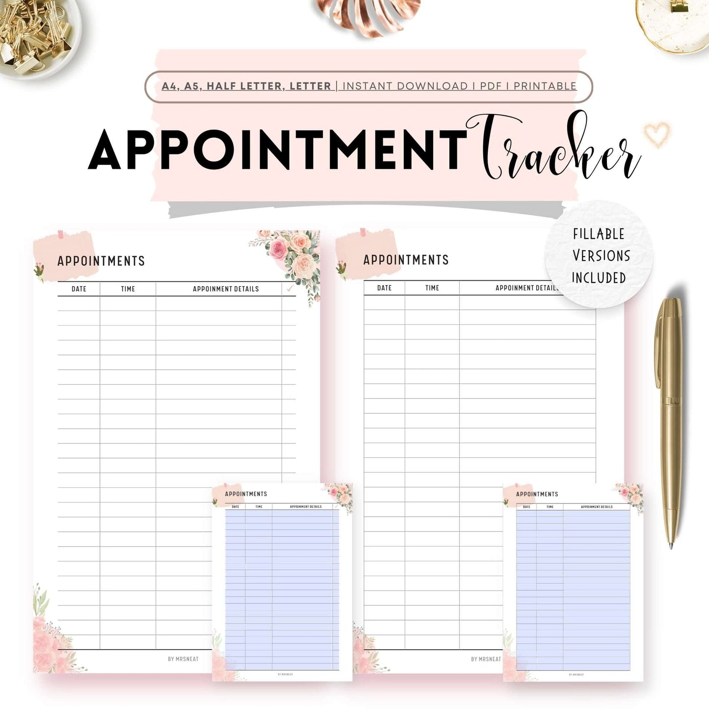 Floral Appointment Tracker Template, Printable Planner, Printable Inserts, A4, A5, Letter, Half Letter, Digital Planner, Fillable PDFs Included