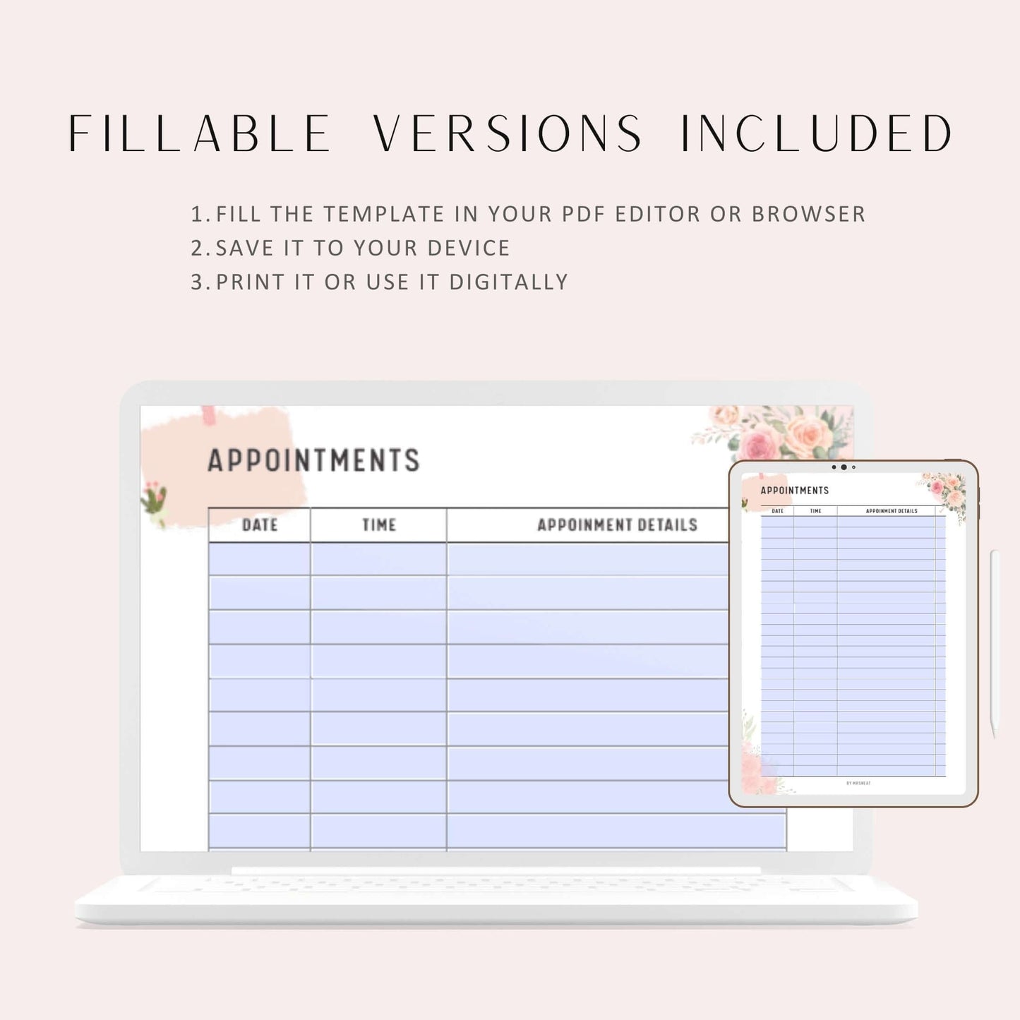 Floral Appointment Tracker Template, Printable Planner, Printable Inserts, A4, A5, Letter, Half Letter, Digital Planner, Fillable PDFs Included