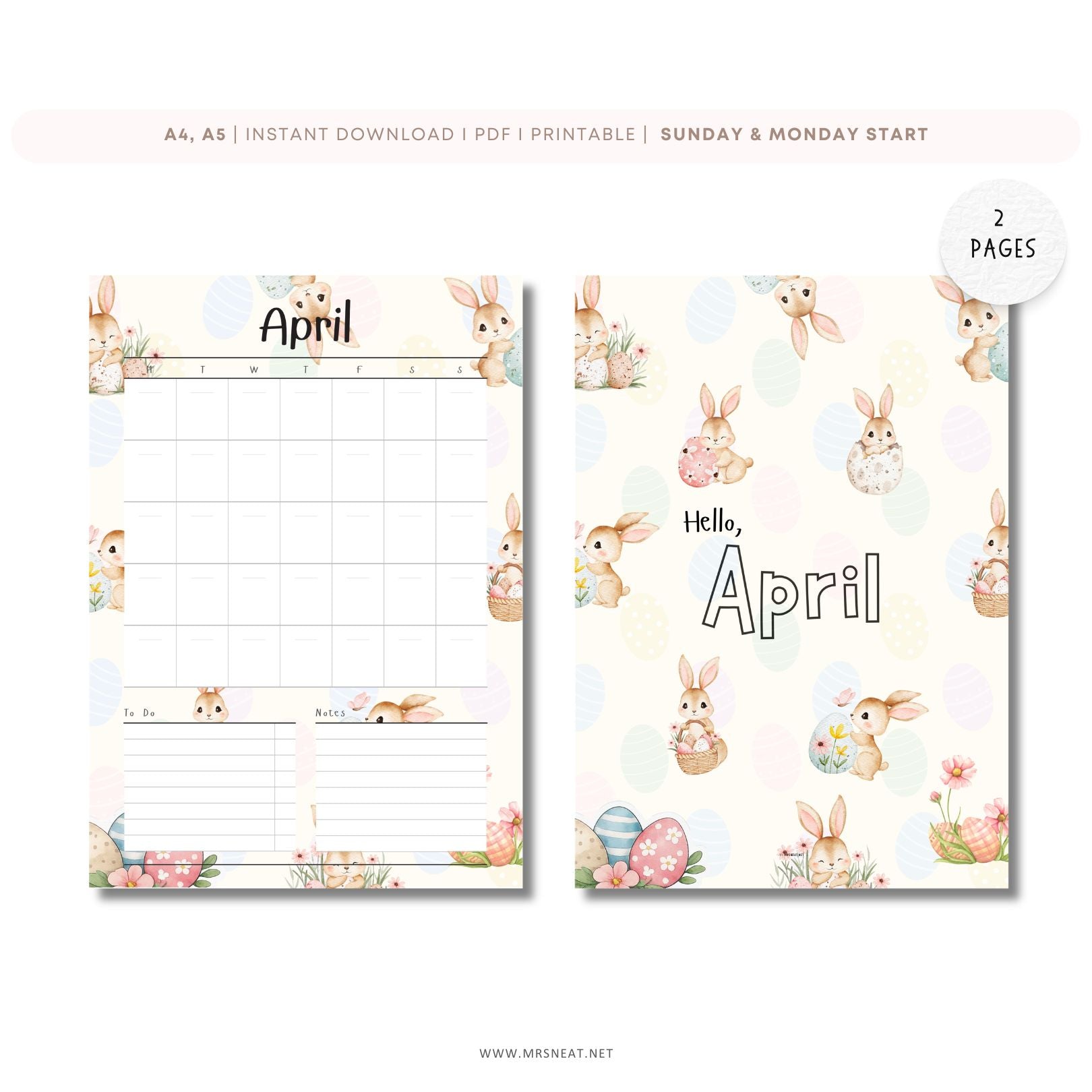 Two April-themed planner pages with bunnies and eggs on a white background.