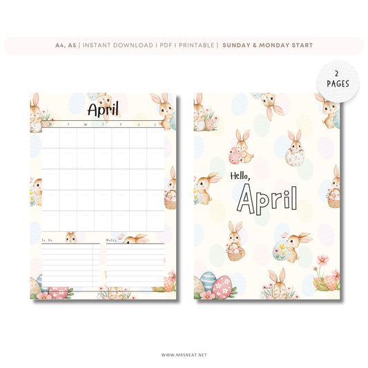 Two April-themed planner pages with bunnies and eggs on a white background.