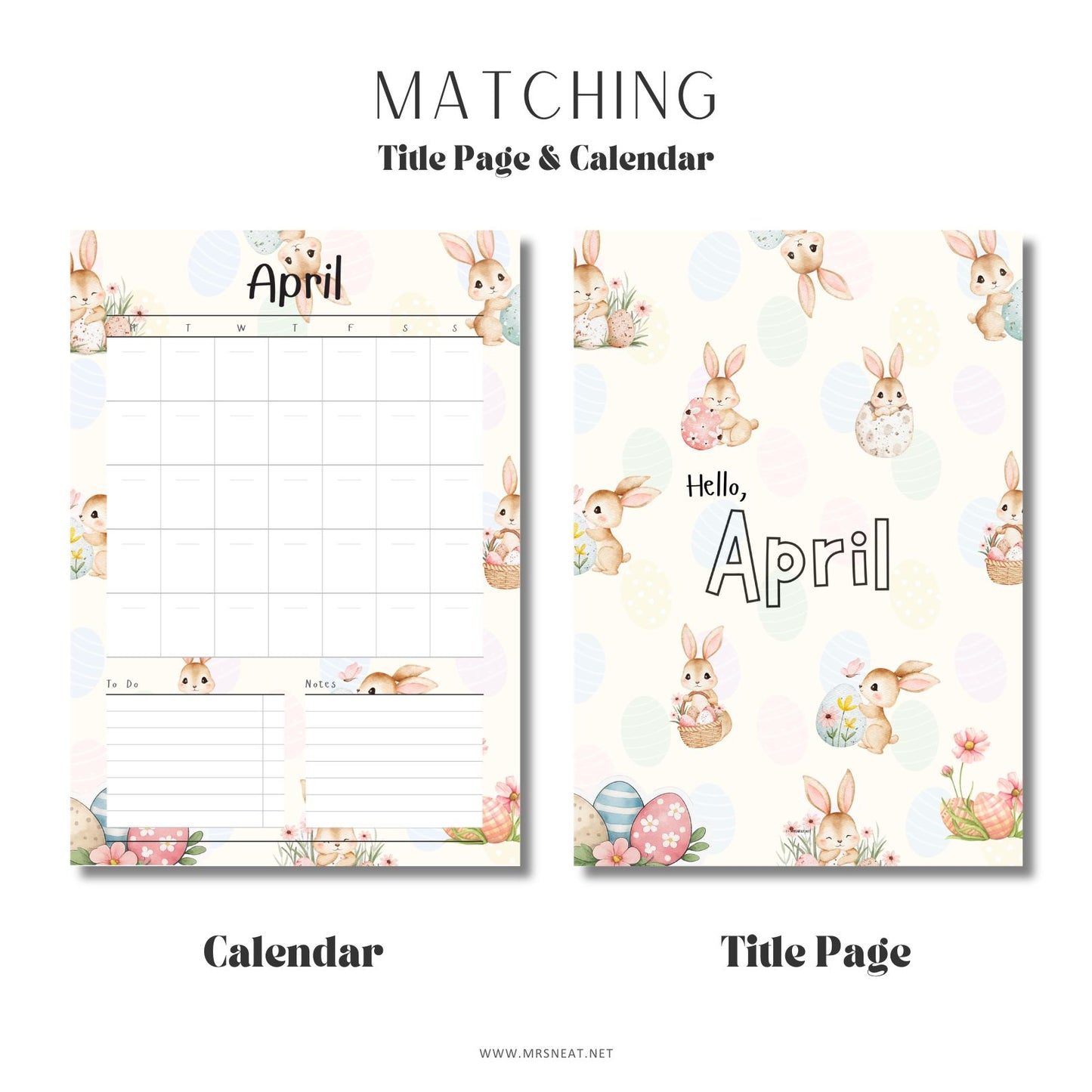 April calendar and title page with Easter-themed design featuring bunnies and eggs.