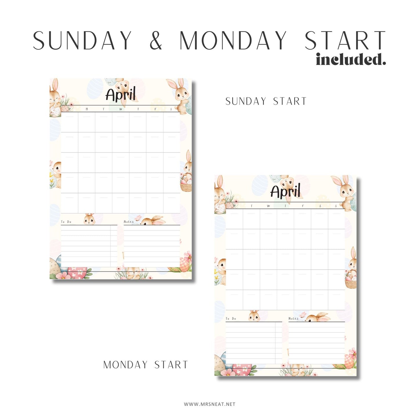 Two planner pages for April with rabbit illustrations, one starting on Sunday and the other on Monday.