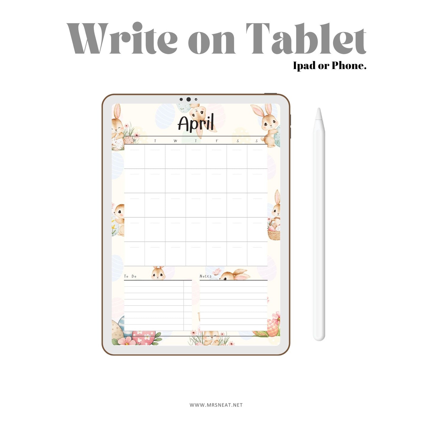 Digital planner app interface with April calendar on a tablet, featuring cartoon bunnies and flowers.