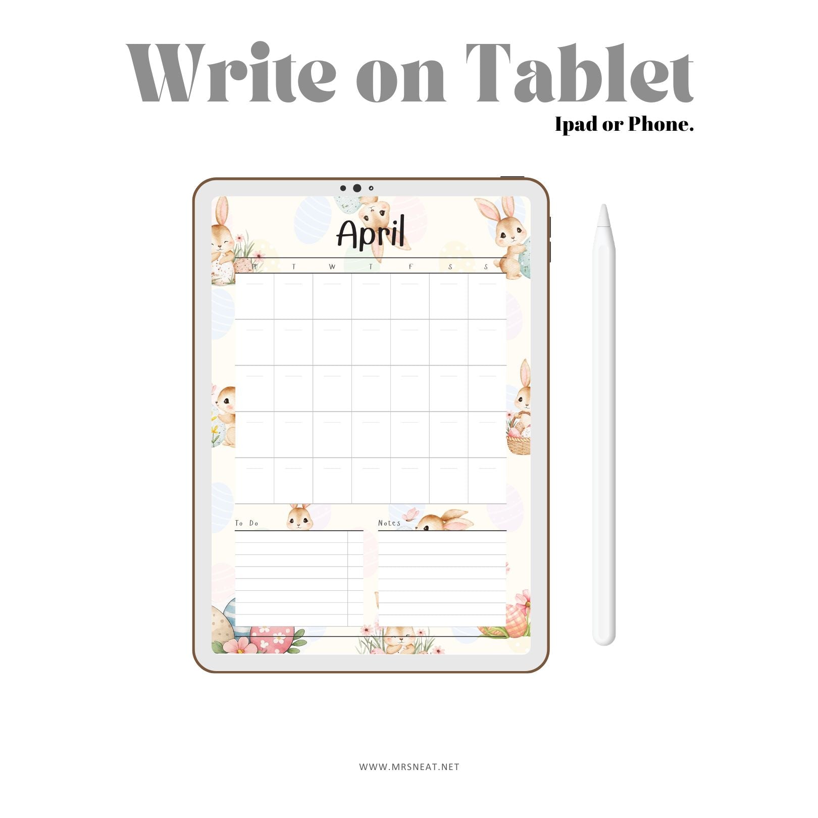 Digital planner app interface with April calendar on a tablet, featuring cartoon bunnies and flowers.