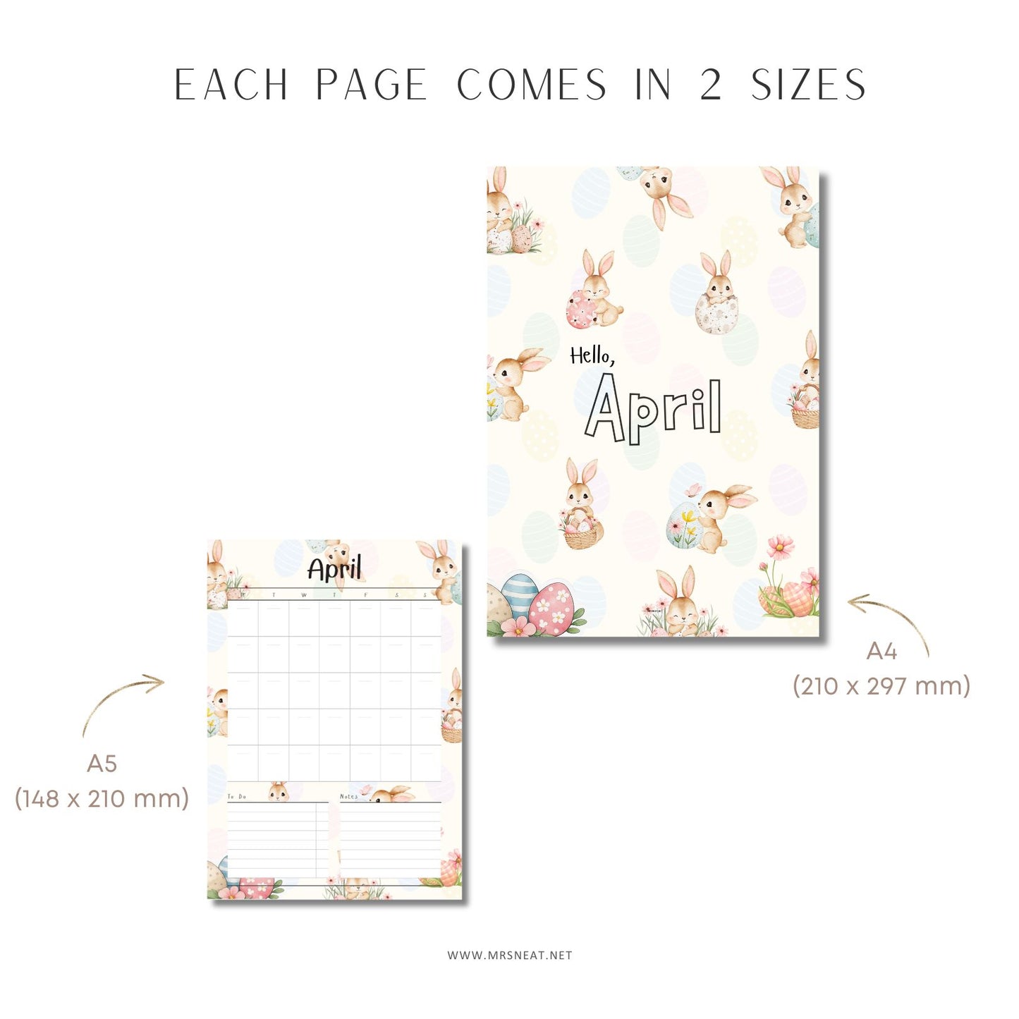 Two planner pages with Easter designs and text 'Hello, April' on a white background.