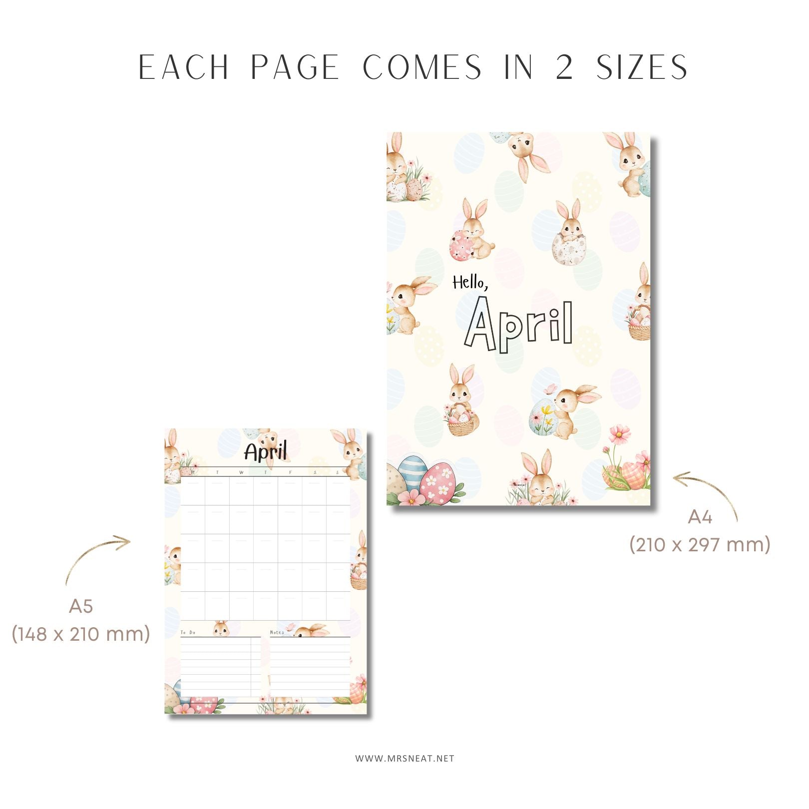 Two planner pages with Easter designs and text 'Hello, April' on a white background.