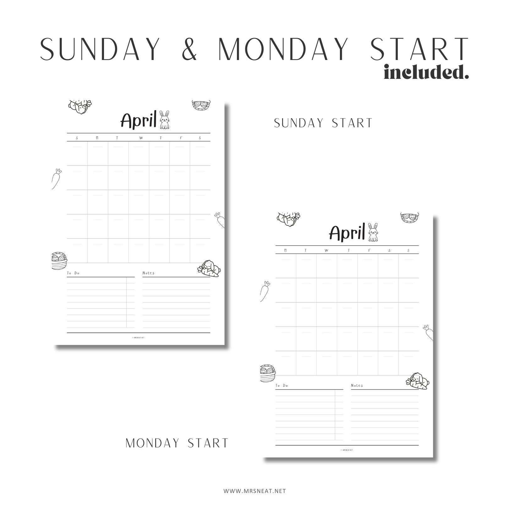 Two calendar sheets for April with different start days labeled, on a white background.