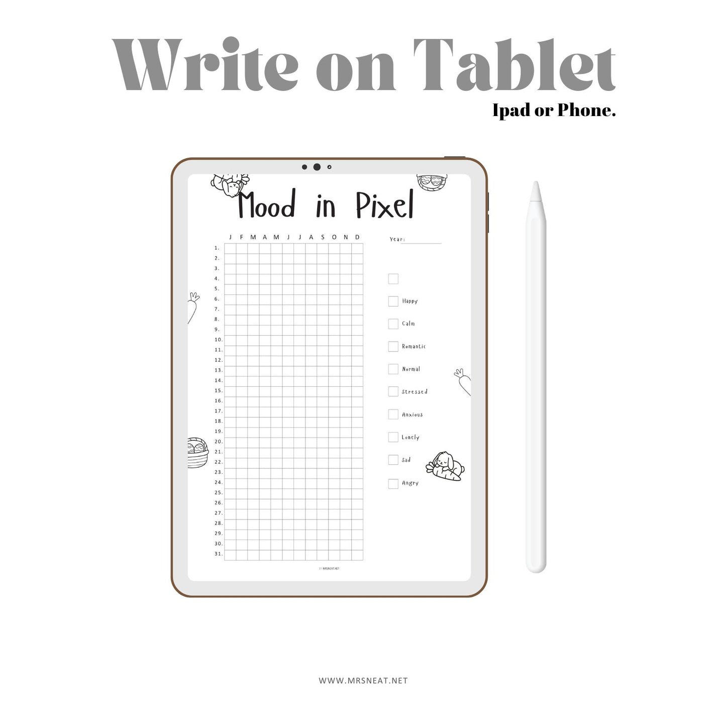 Digital tablet displaying a mood tracking app with a pen on a white background