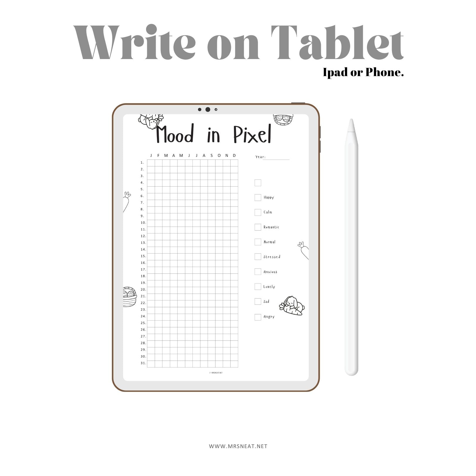 Digital tablet displaying a mood tracking app with a pen on a white background