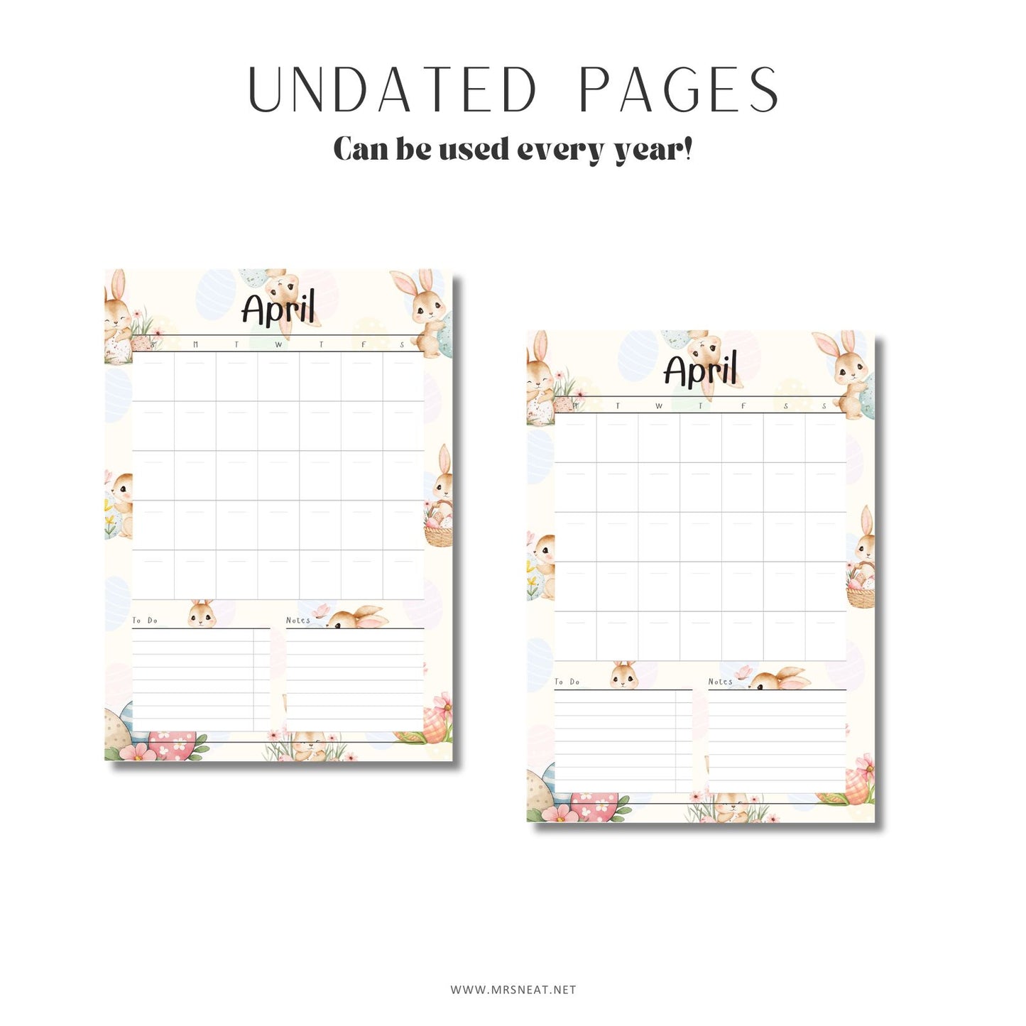 Two undated planner pages with floral and animal designs on a white background.