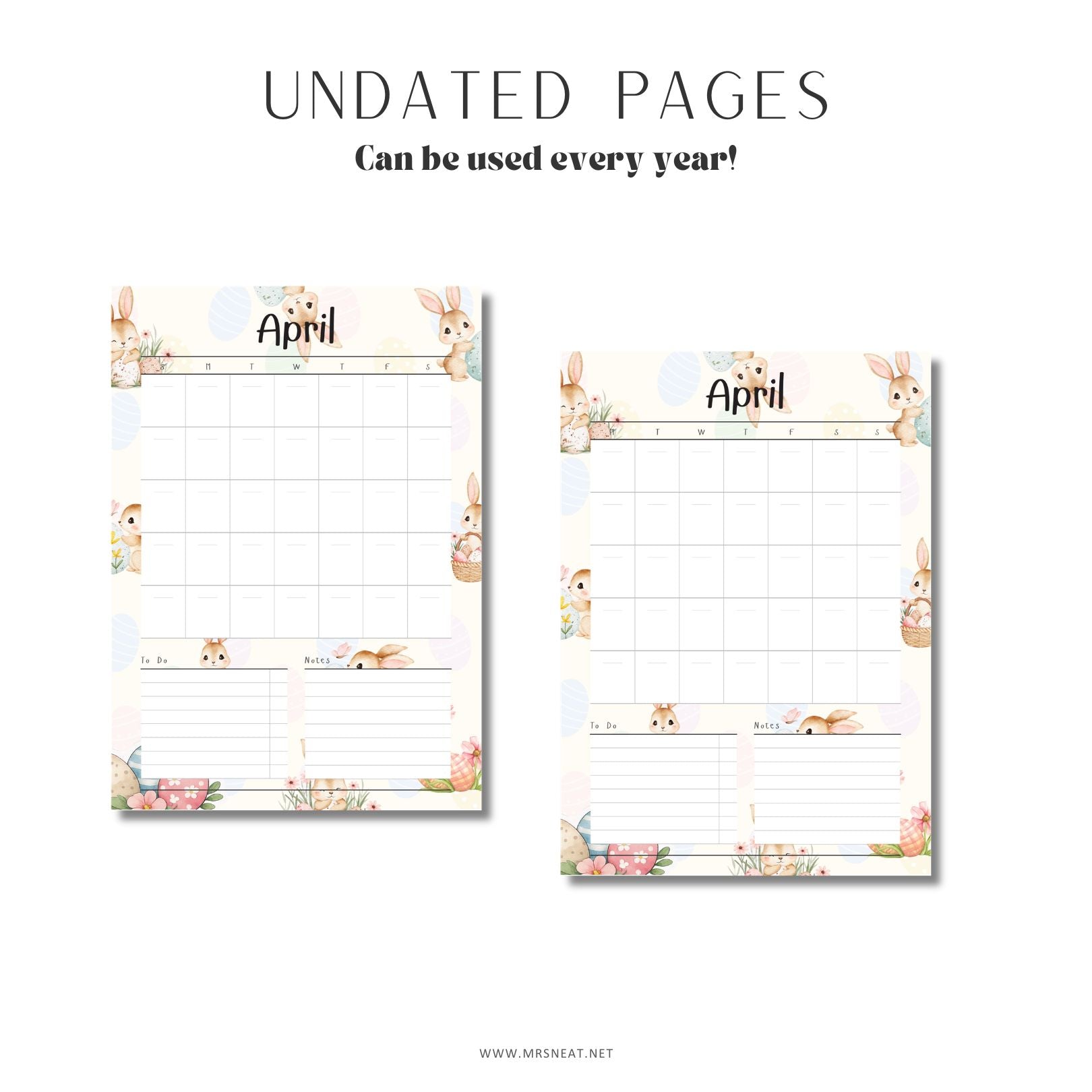 Two undated planner pages with floral and animal designs on a white background.