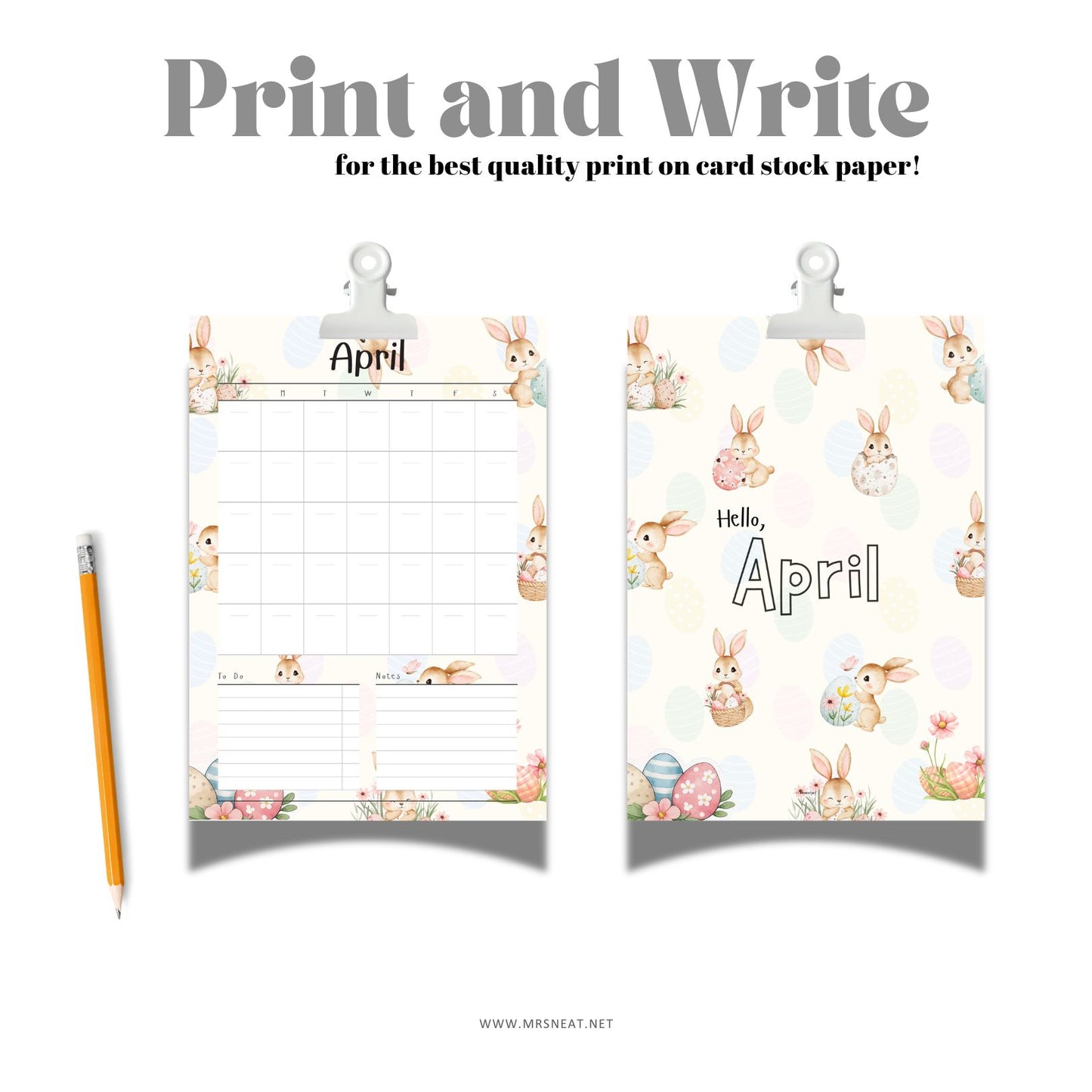 Two planner pages with Easter-themed designs and a pencil on a white background.