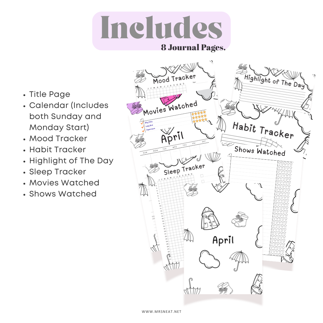 Sheet of journal pages with various tracking sections on a white background