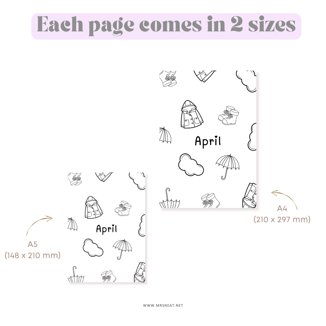 Sheet of planner stickers with 'April' text and various icons, shown in A4 and A5 sizes.